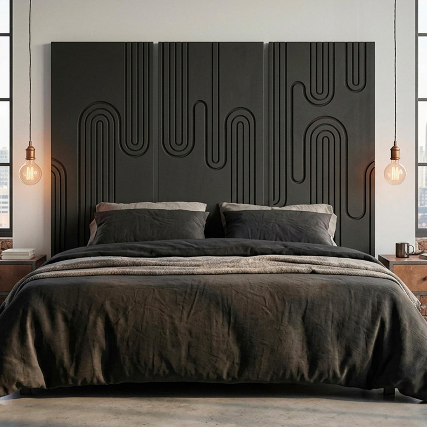 Tête de lit murale triptyque Aurore 160cm Bois sculpté Noir