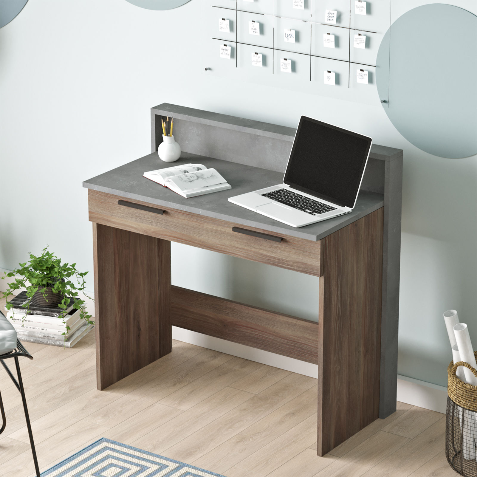 Bureau 1 tiroir Manolo Bois Marron et Effet Ciment Gris