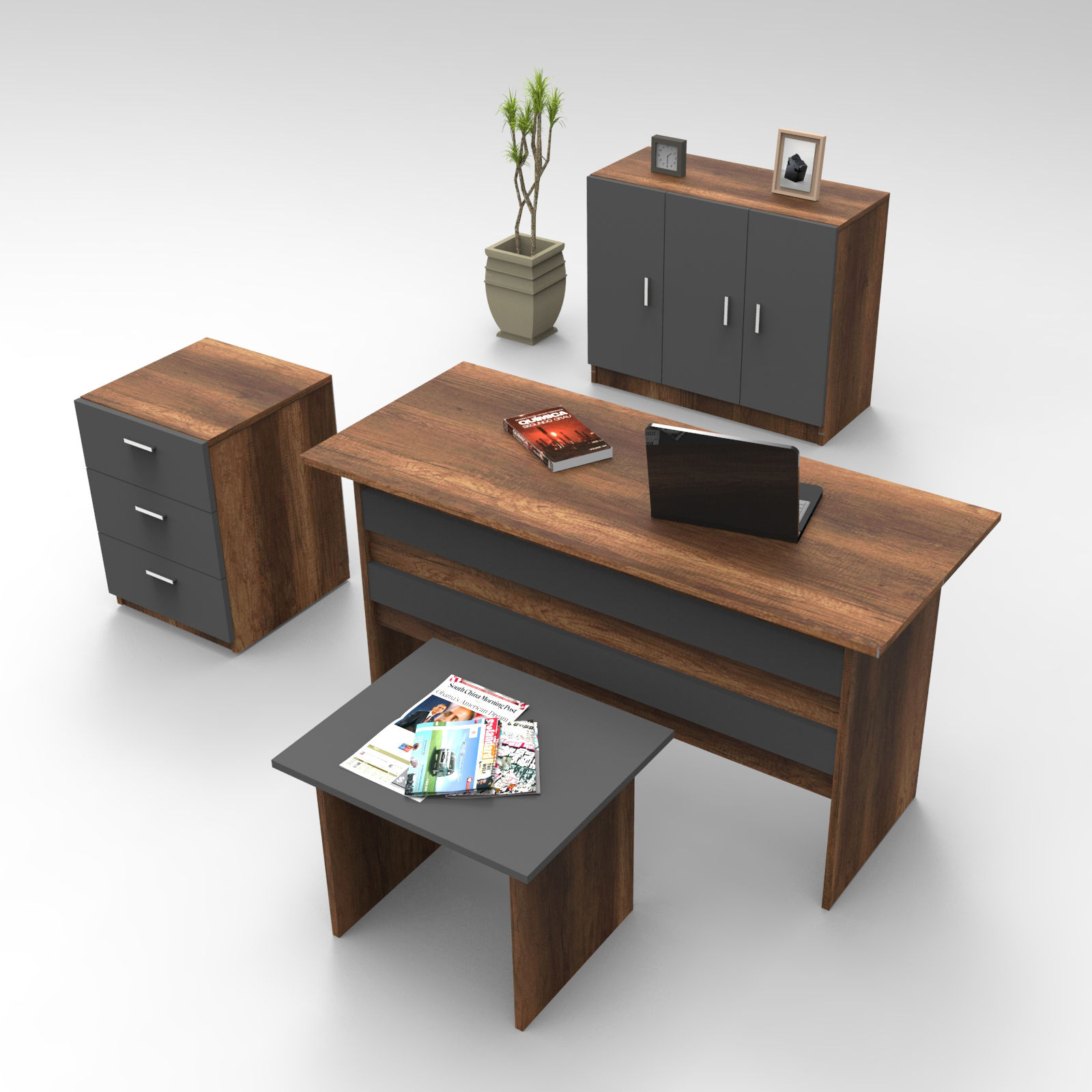 Bureau, armoire, commode et table basse Busymo Chêne foncé et Noir