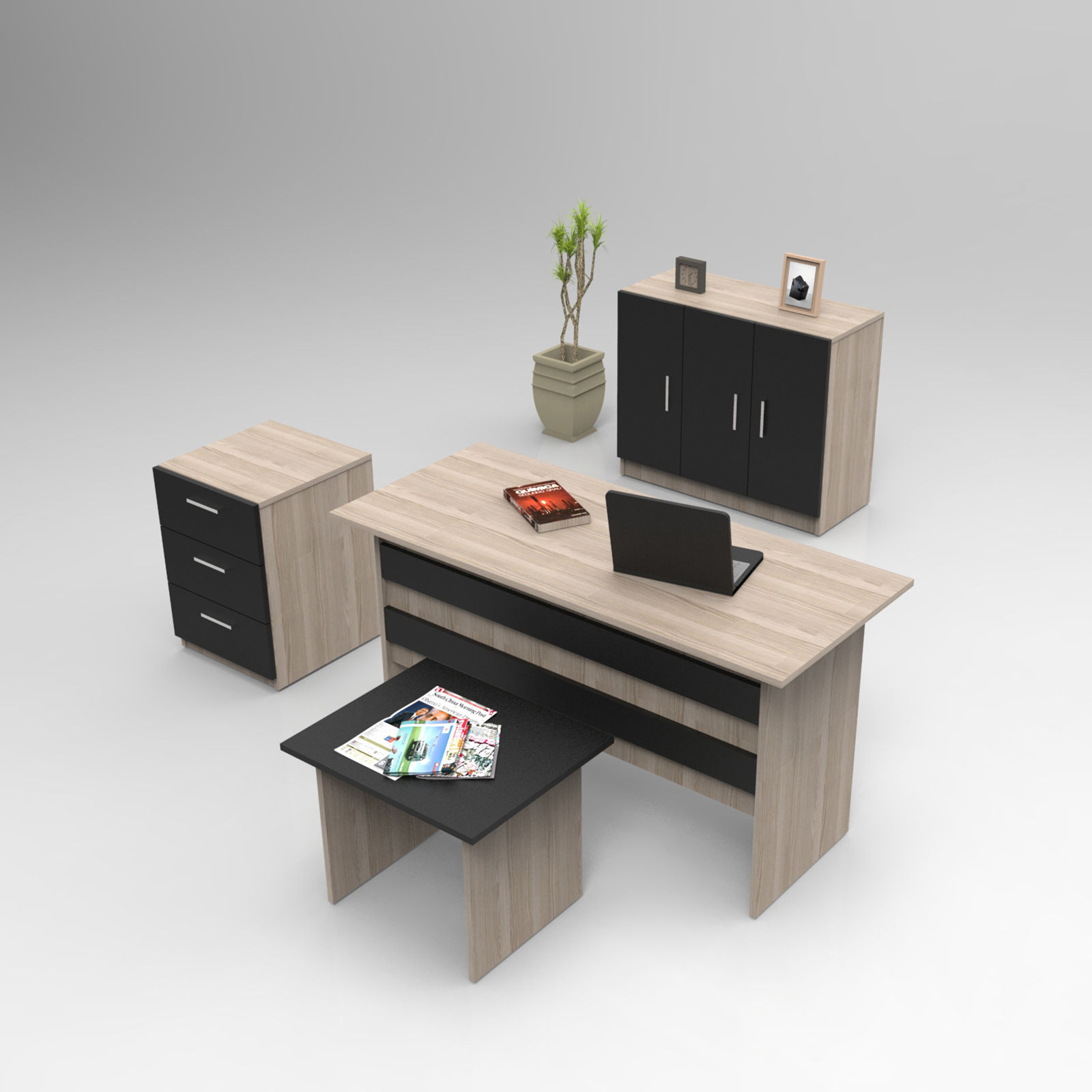 Bureau, armoire, commode et table basse Busymo Chêne clair et Noir