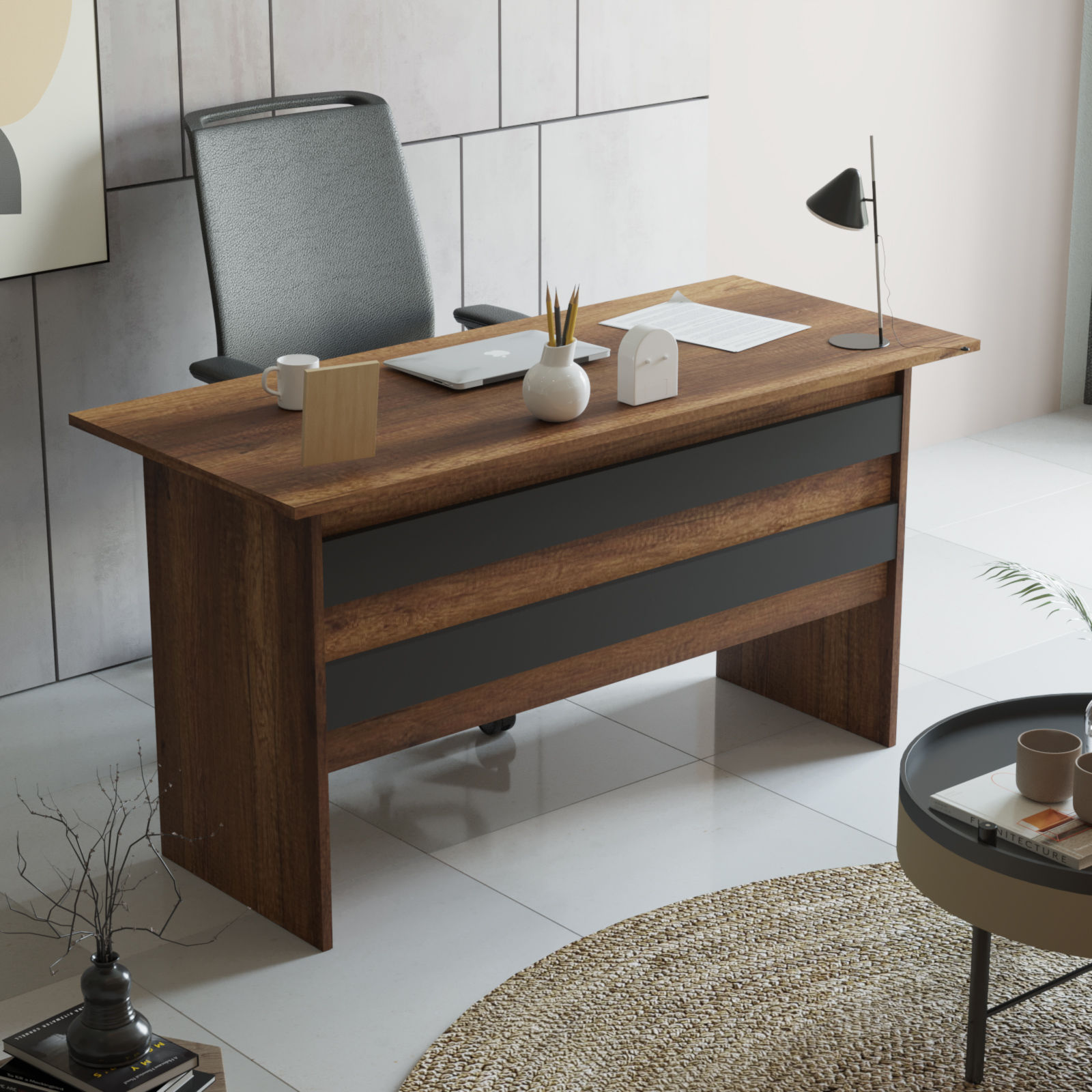 Bureau contemporain Busymo Chêne foncé et Gris