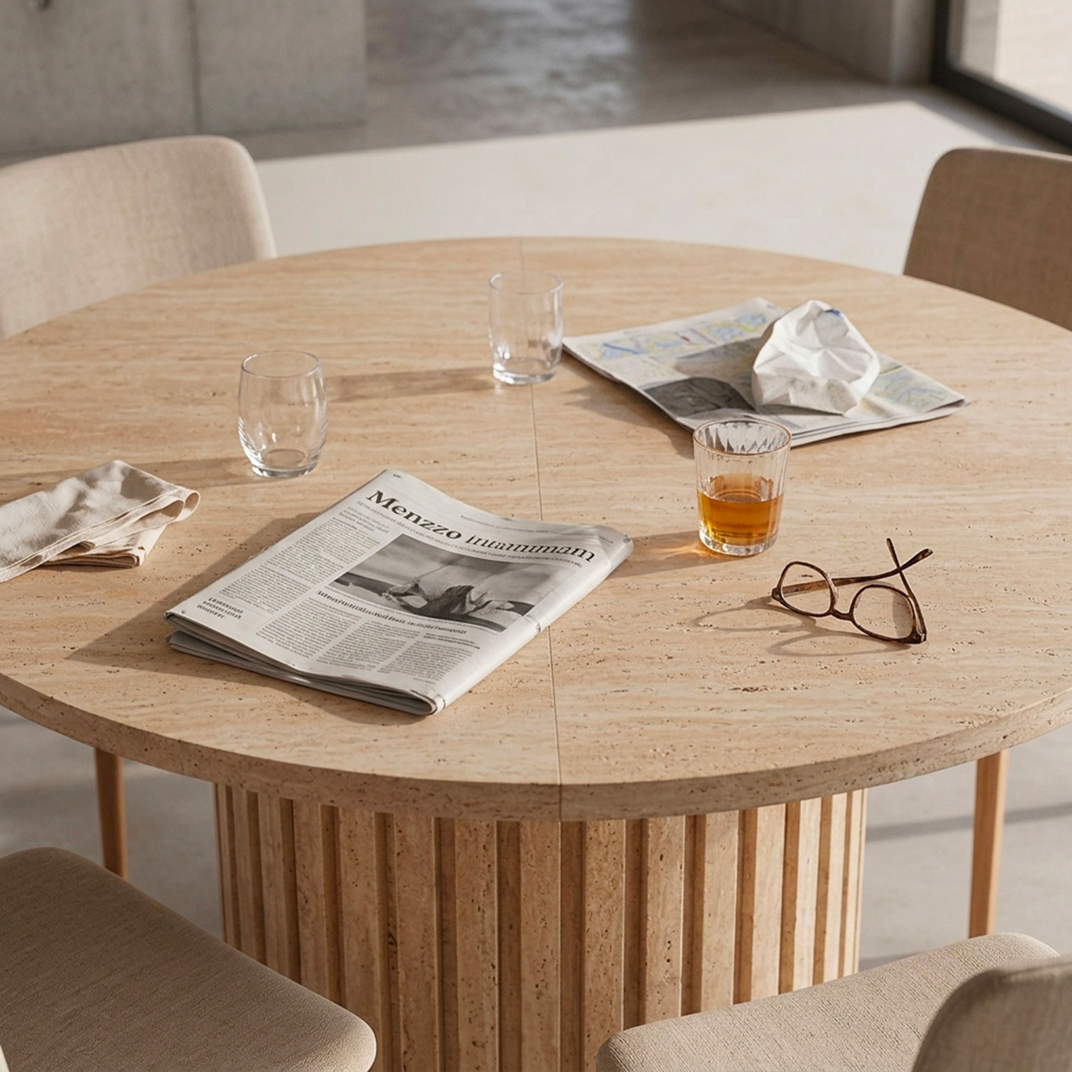 Table ronde extensible pied central style colonne Burkina 120-160cm Effet travertin Beige