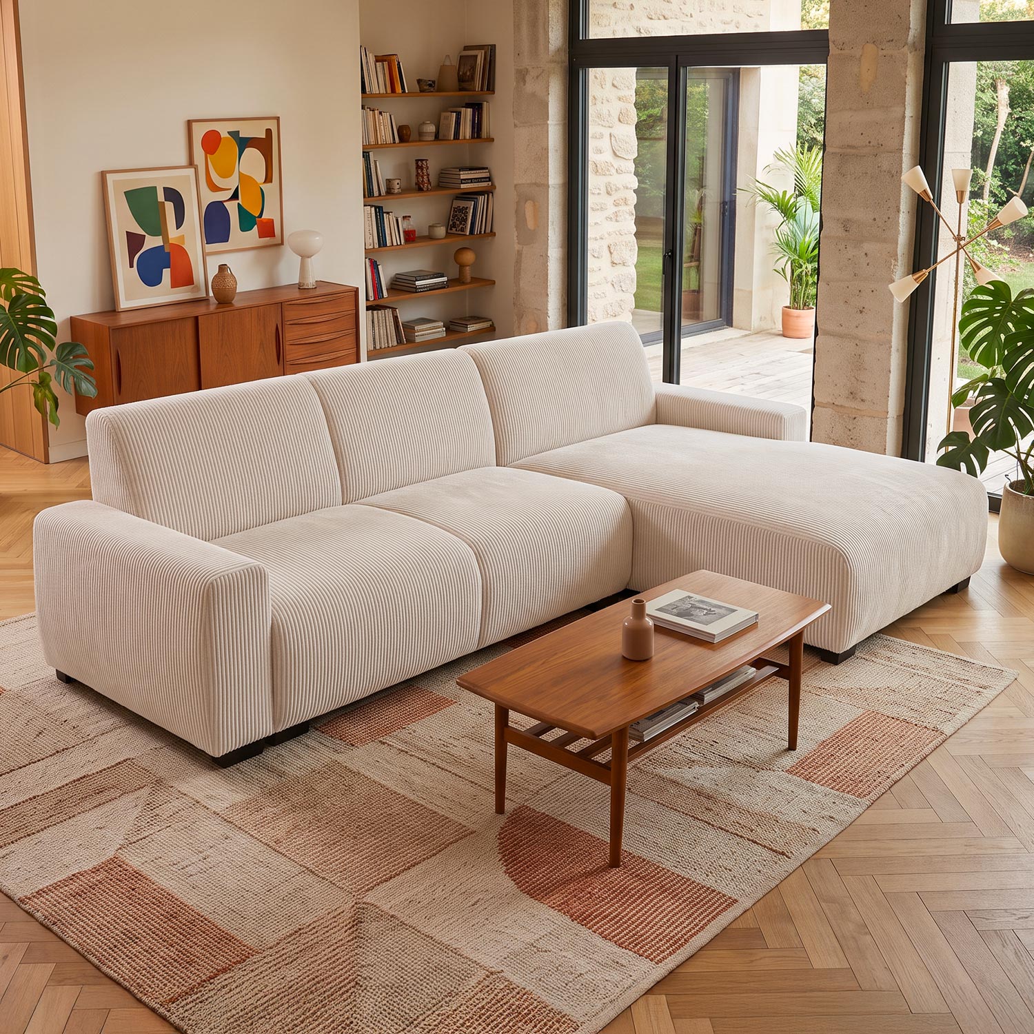 Canapé d'angle moderne 287cm Velours côtelé Crème