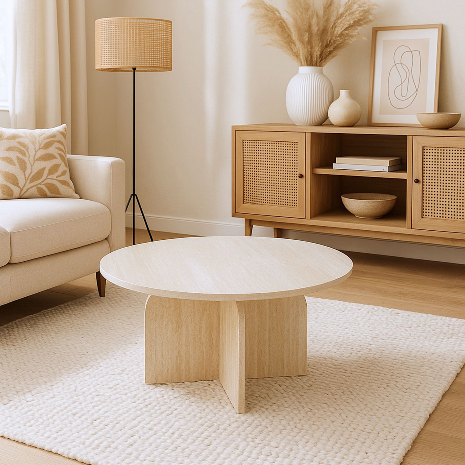 Table basse ronde élégante 80cm Calyptus Effet travertin Beige