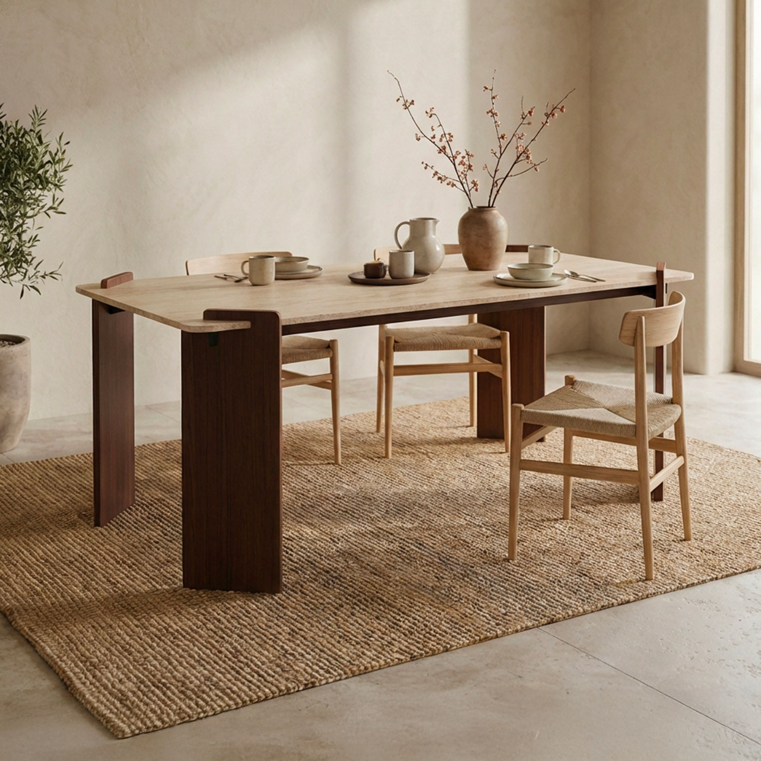 Table à manger au design Art Déco Cezanne 80x190cm Effet travertin Beige et Bois foncé