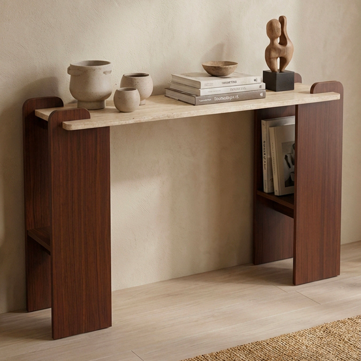 Console au design Art Déco Cezanne 40x120cm Effet travertin Beige et Bois foncé