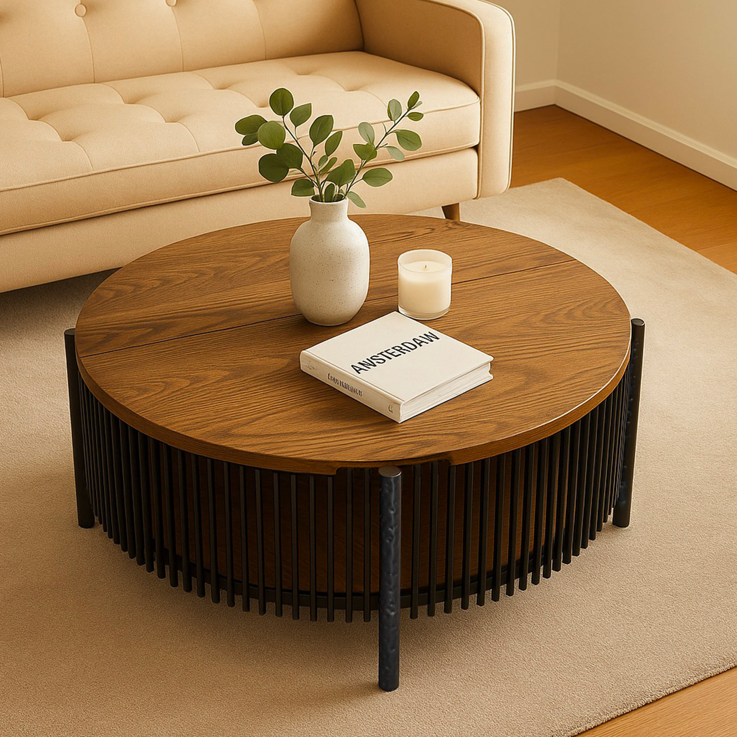 Table basse ronde avec rangement L84cm Curcuma Bois et Métal mareté Noir