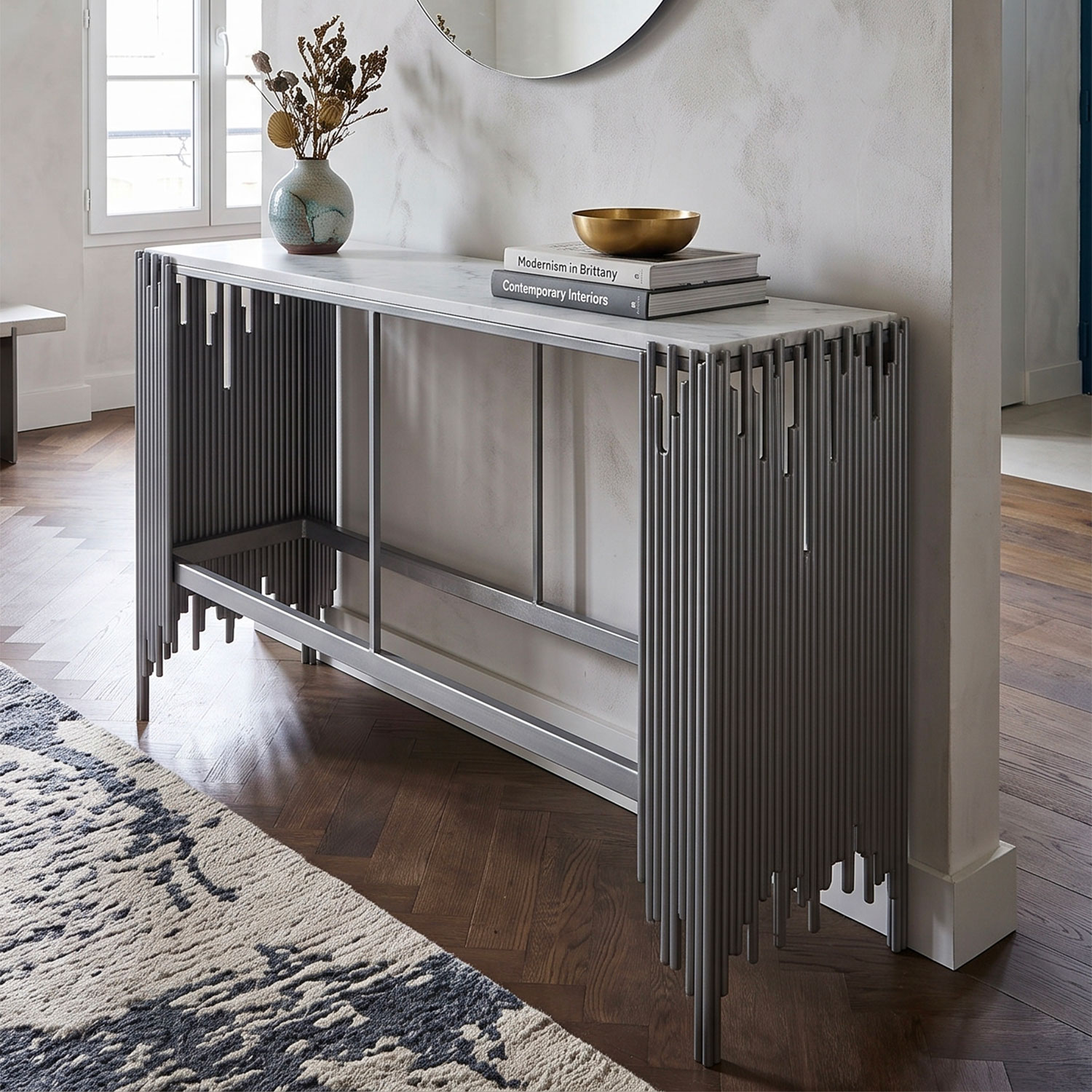 Console design Marbre Blanc et Métal Argent