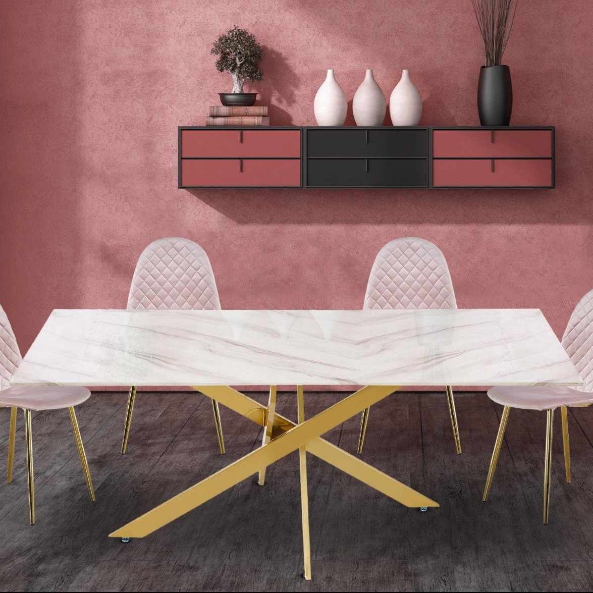 Table à manger Naelle en Verre effet Marbre Blanc et pieds Or