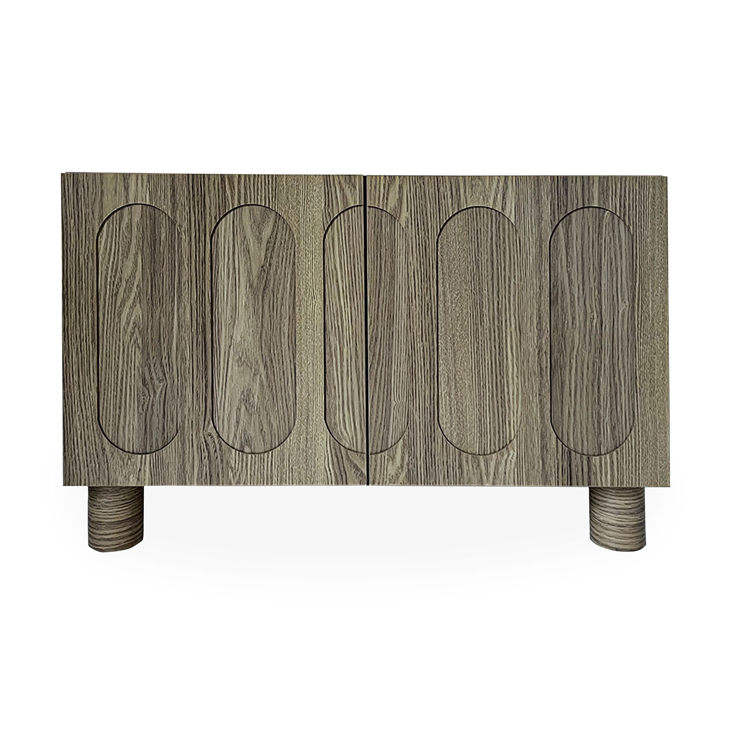 Petit buffet rétro-moderne avec portes sculptées Durand L80cm Chêne grisé