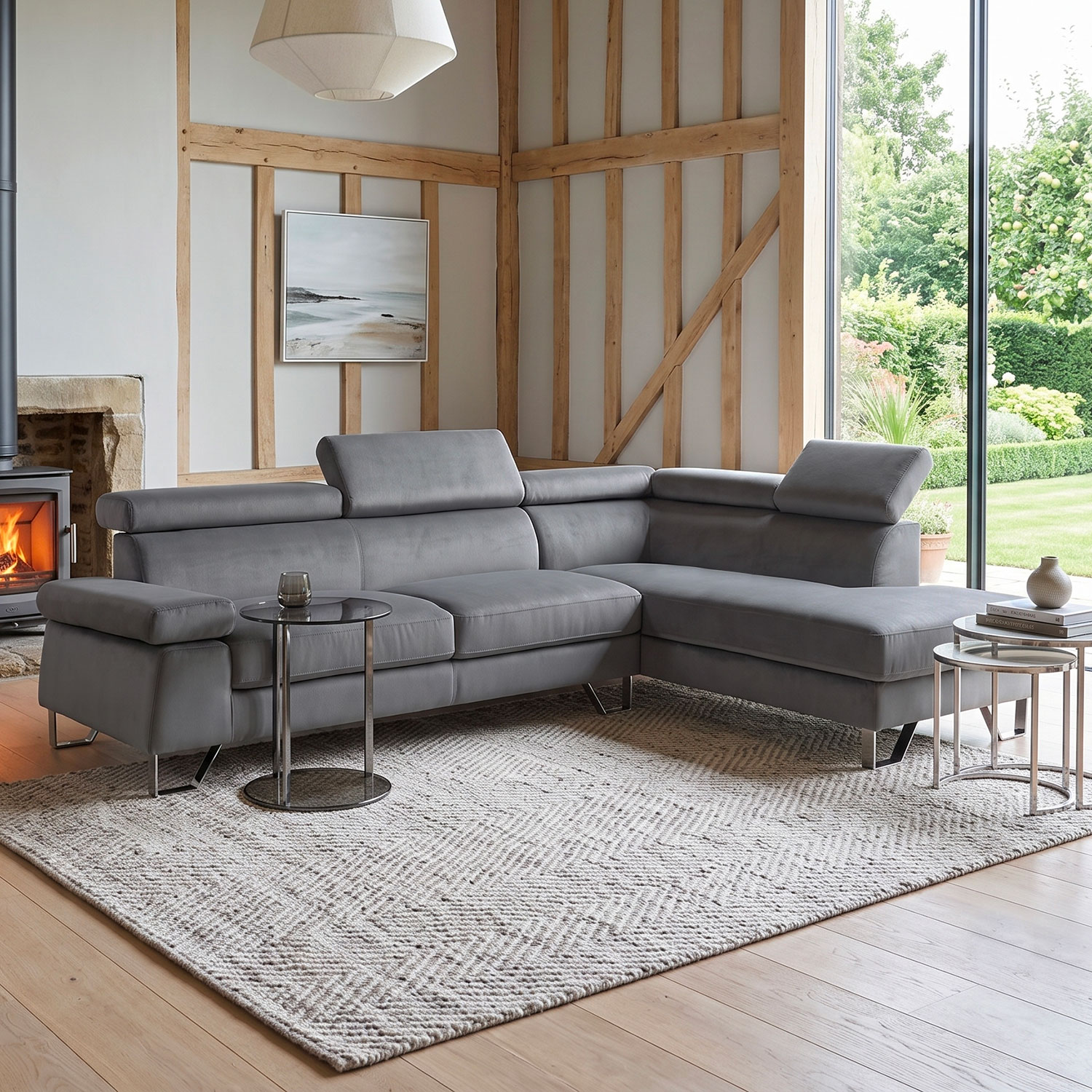 Canapé d'angle avec têtières relevables Velours Gris Foncé