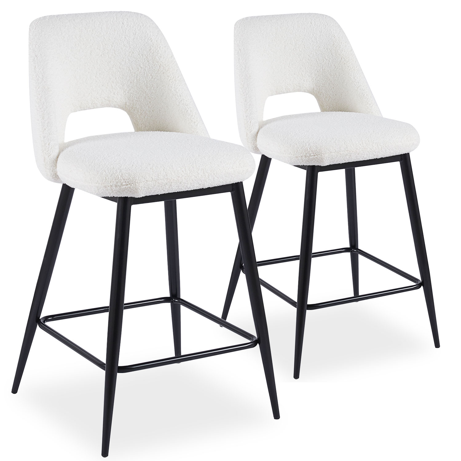Lot de 2 chaises de bar Ecuador Métal Noir et Tissu bouclette Crème