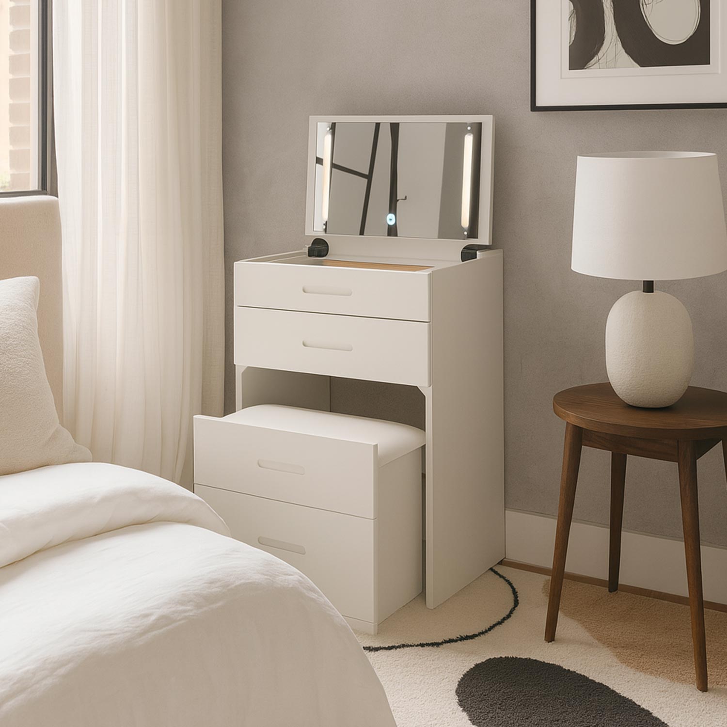 Coiffeuse compacte 48cm avec miroir LED, tiroir et pouf intégré Germina Blanc