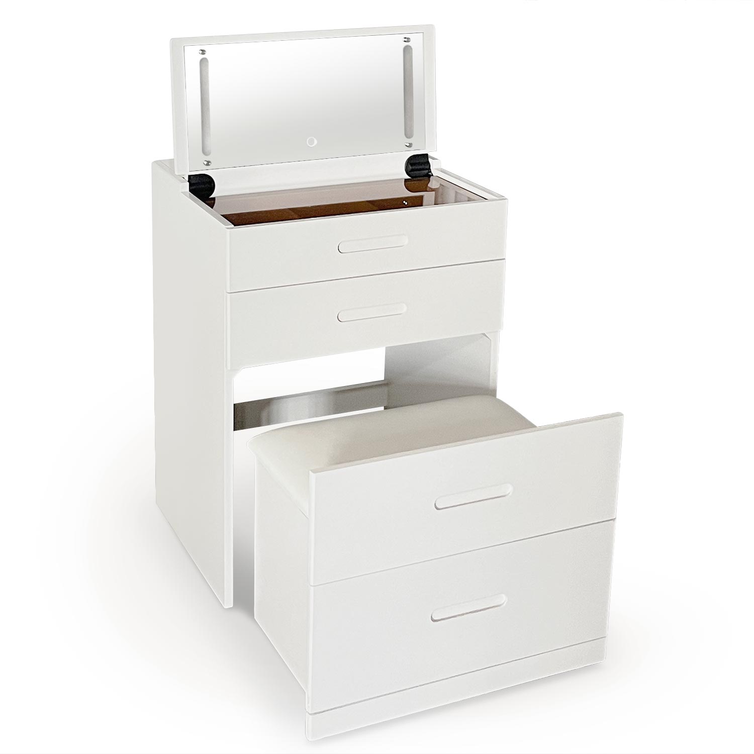 Coiffeuse compacte 60cm avec miroir LED, tiroir et pouf intégré Germina XL Blanc