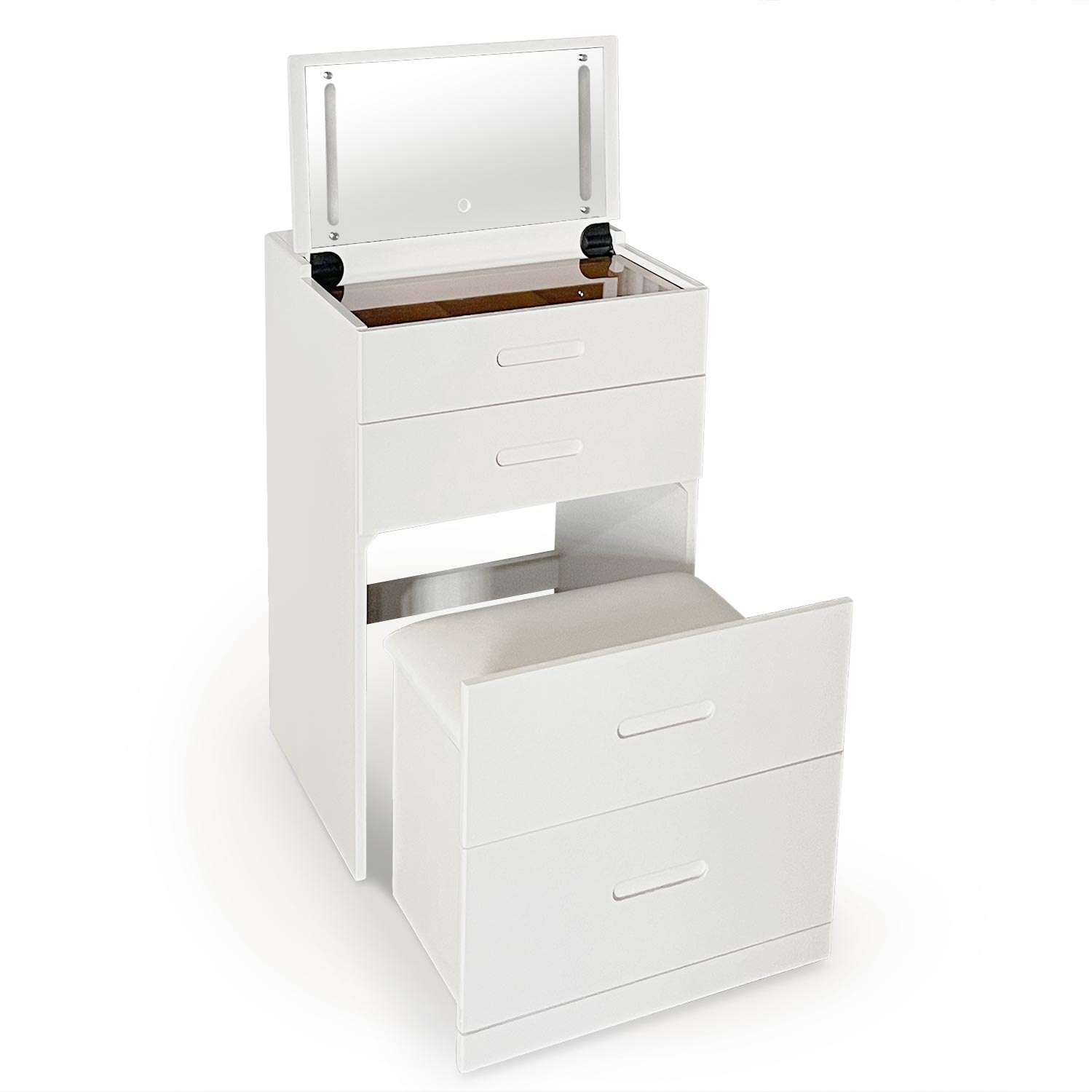 Coiffeuse compacte 48cm avec miroir LED, tiroir et pouf intégré Germina Blanc