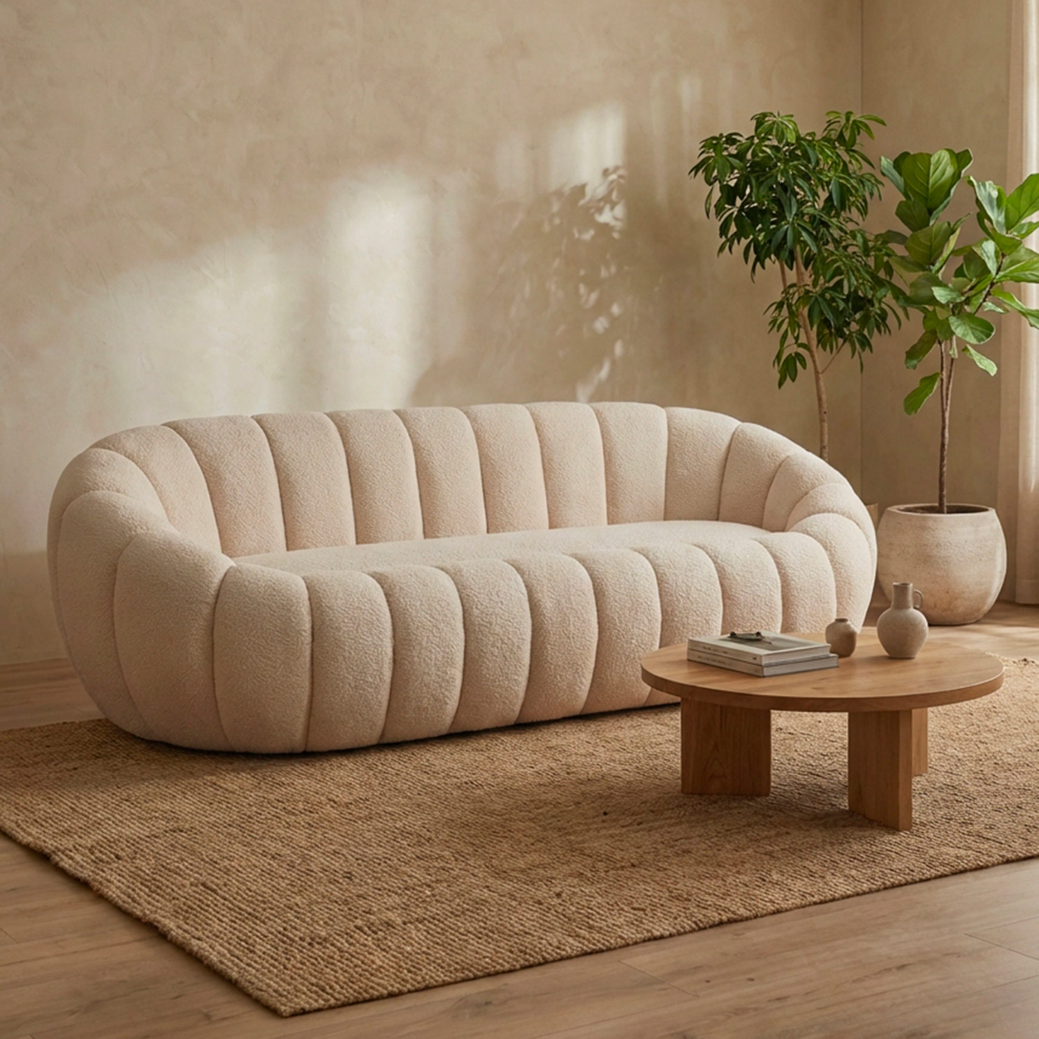 Canapé 3 Places design coquillage Horizan Tissu bouclette Crème