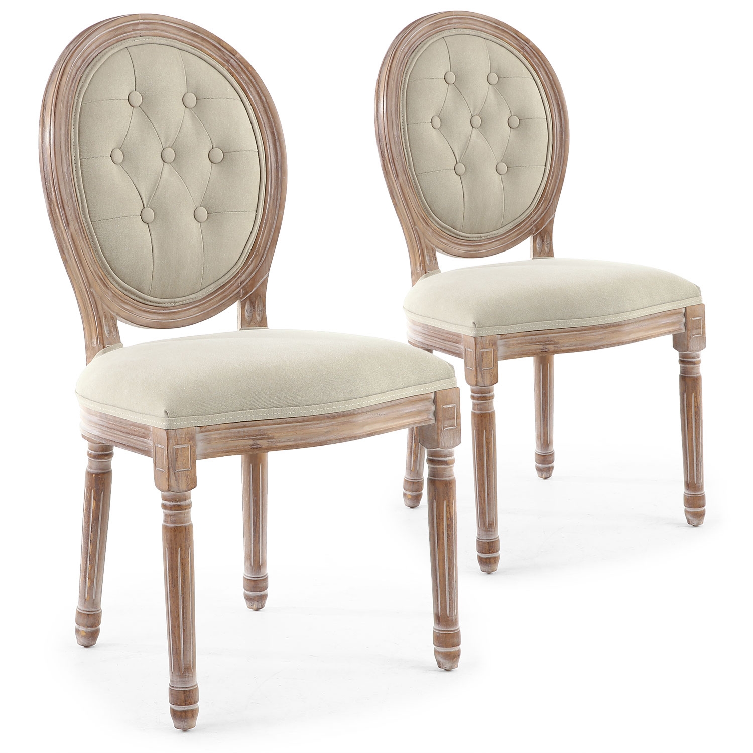 Lot de 2 chaises médaillon Louis XVI Bois massif patiné et Tissu capitonné Beige
