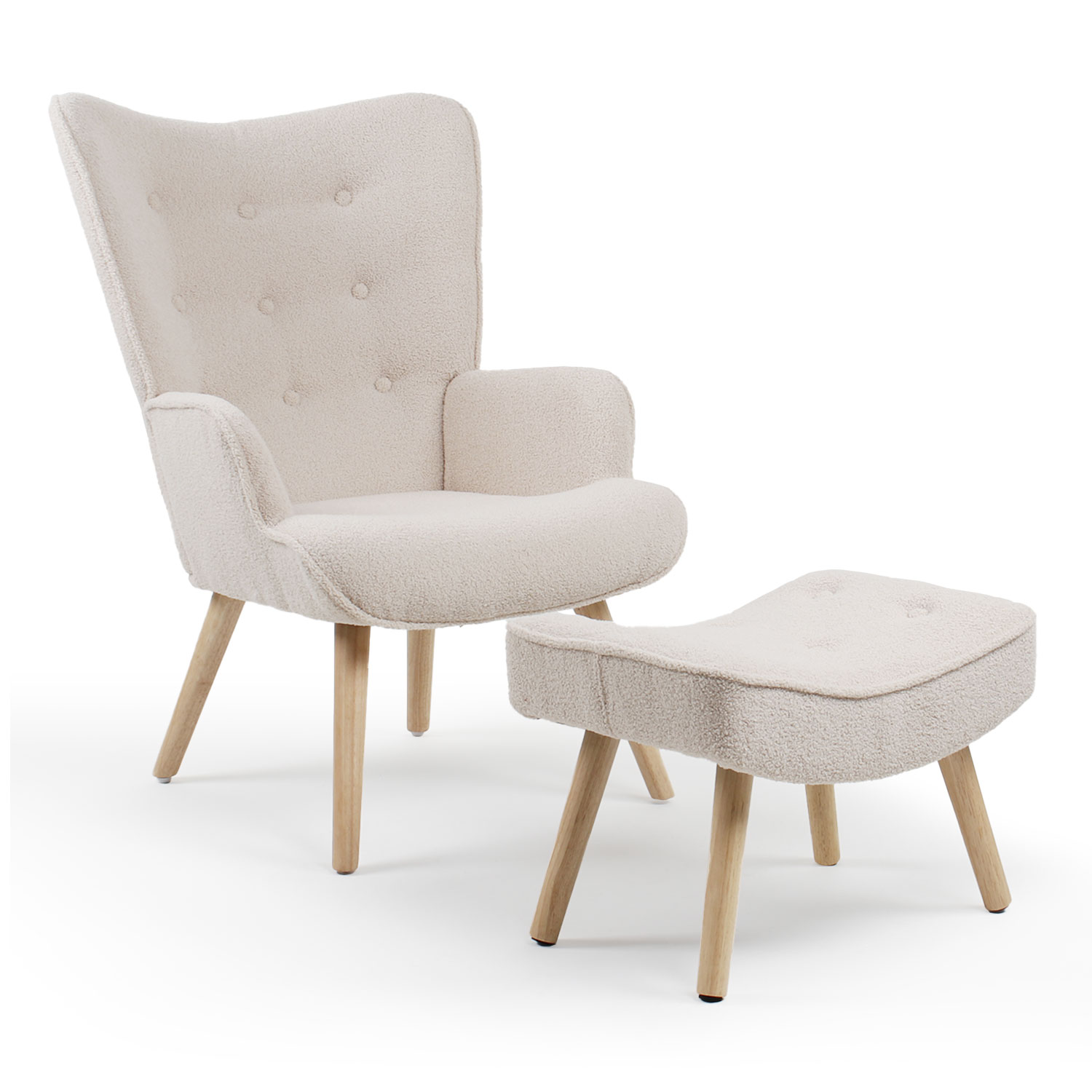 Fauteuil scandinave + pouf Lylou Tissu bouclette lainée Crème