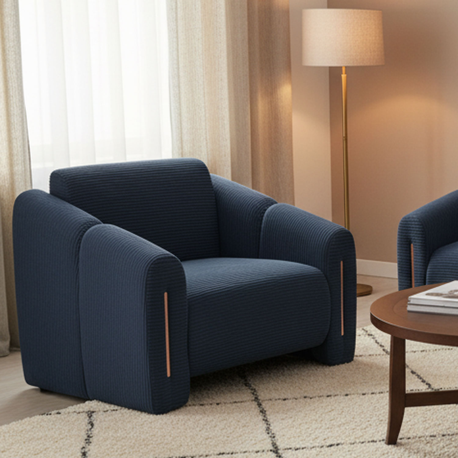 Fauteuil design Maximilien Métal doré et Velours côtelé Bleu foncé