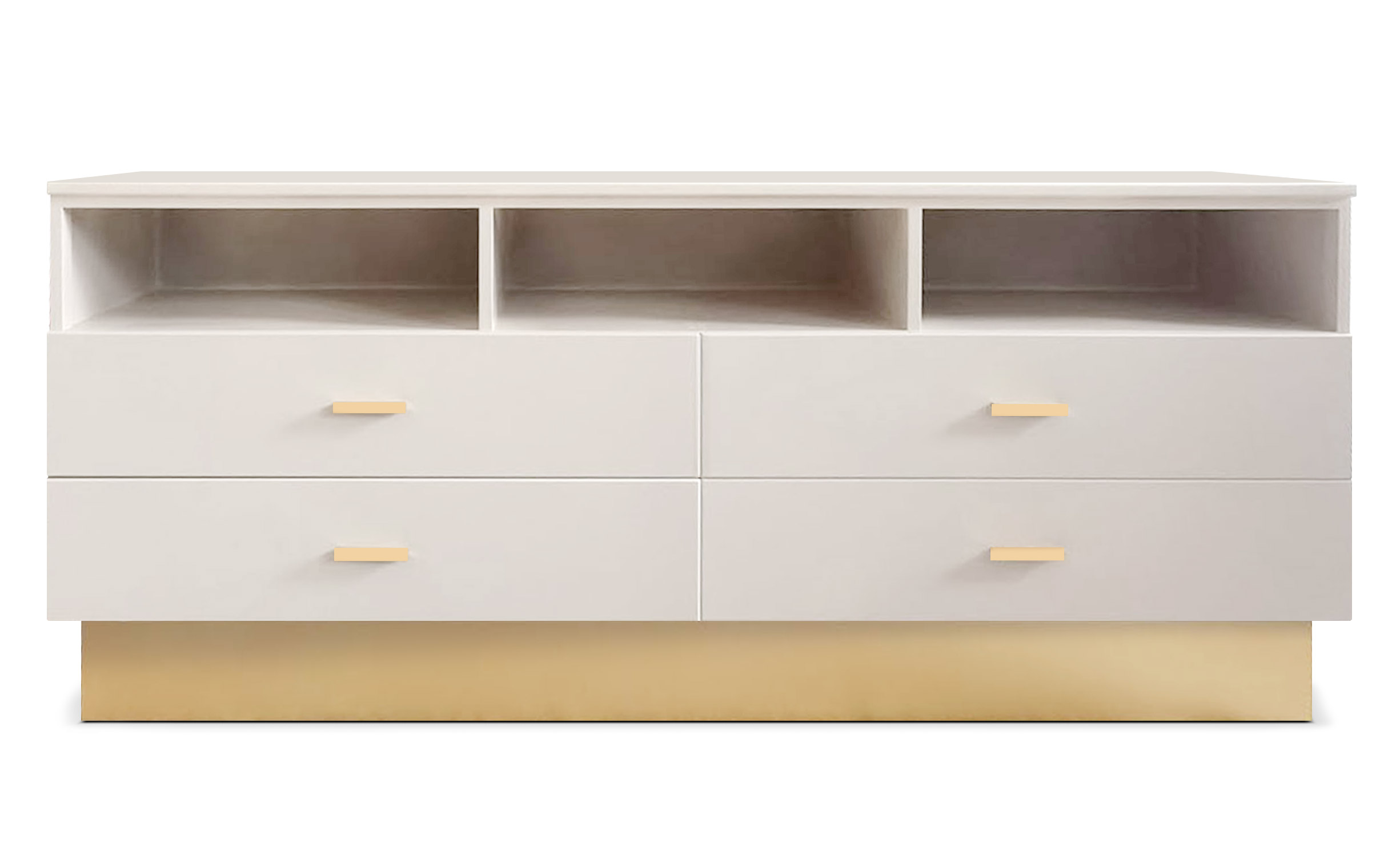 Meuble TV moderne 4 tiroirs Nestor Taupe clair et Or