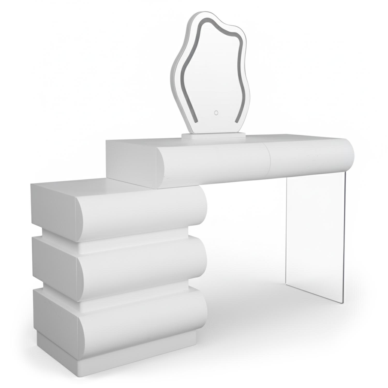 Coiffeuse extensible 101-140cm avec 5 tiroirs arrondis et miroir design Mezade Blanc
