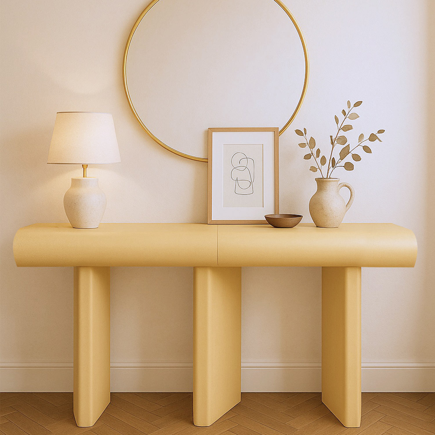 Console design 2 tiroirs L120cm avec pieds obliques Mezade Beige