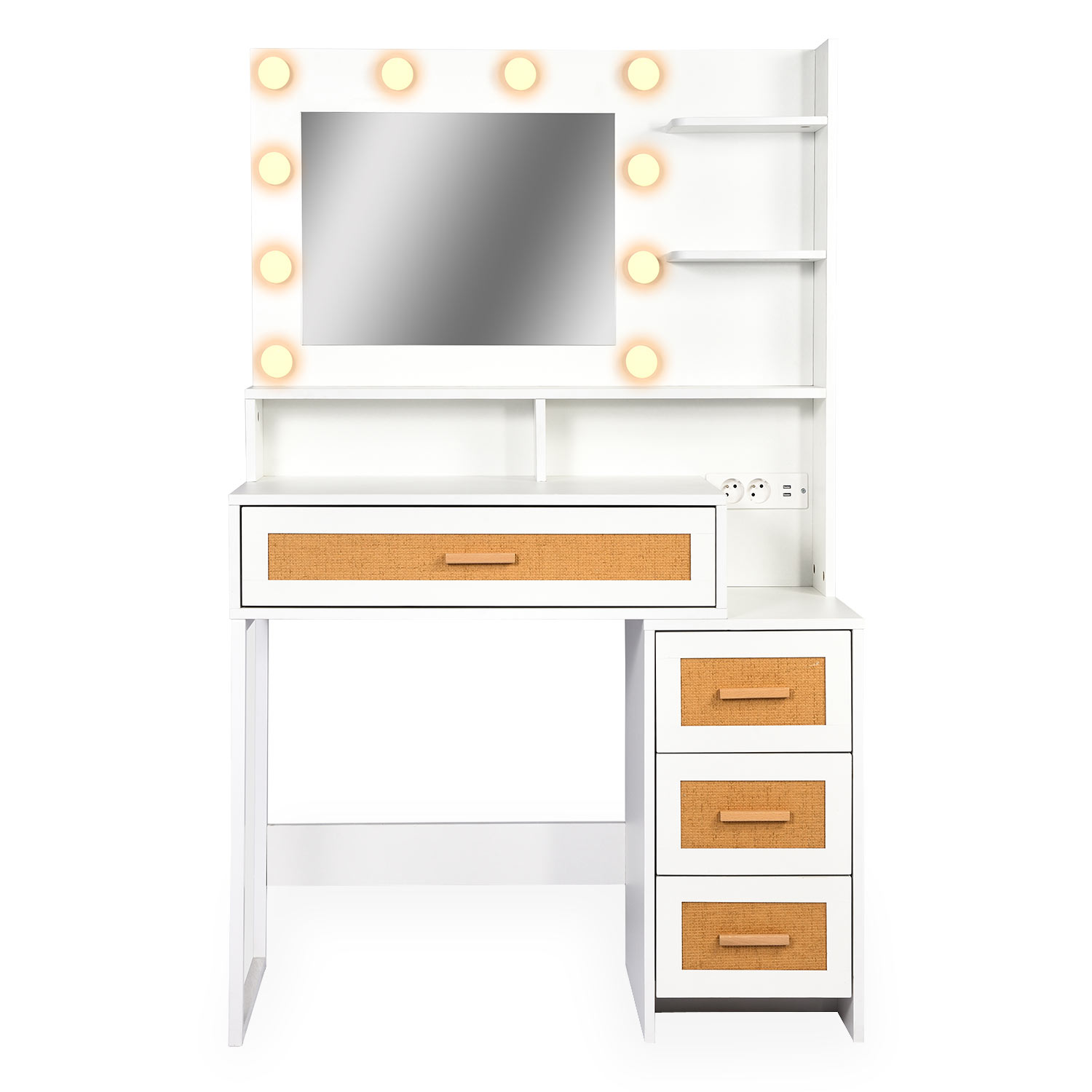 Coiffeuse 4 tiroirs et miroir LED 3 couleurs Miraclas L92cm Bois Blanc et Rotin
