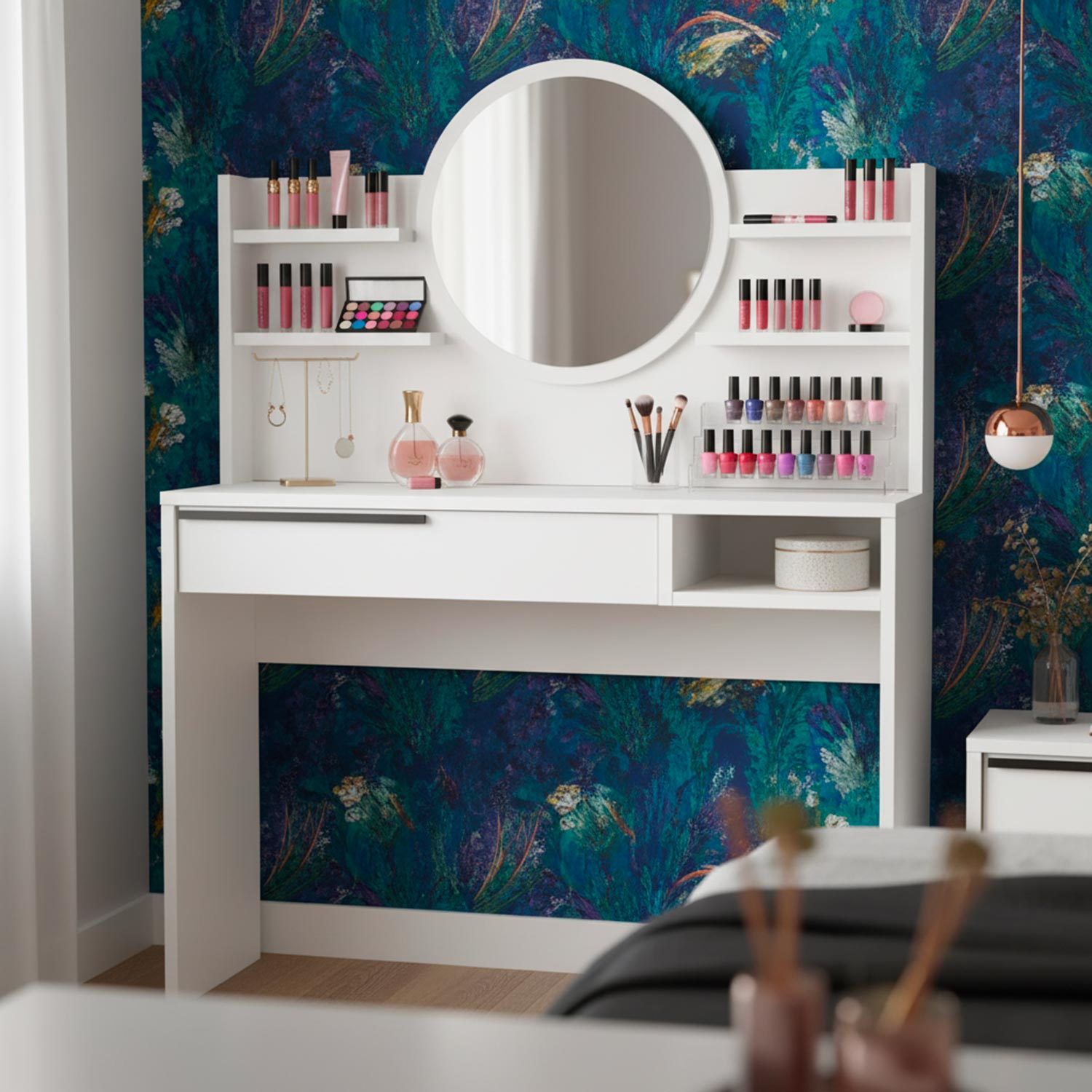 Coiffeuse à tiroir L100cm avec étagères et miroir rond Onara Blanc