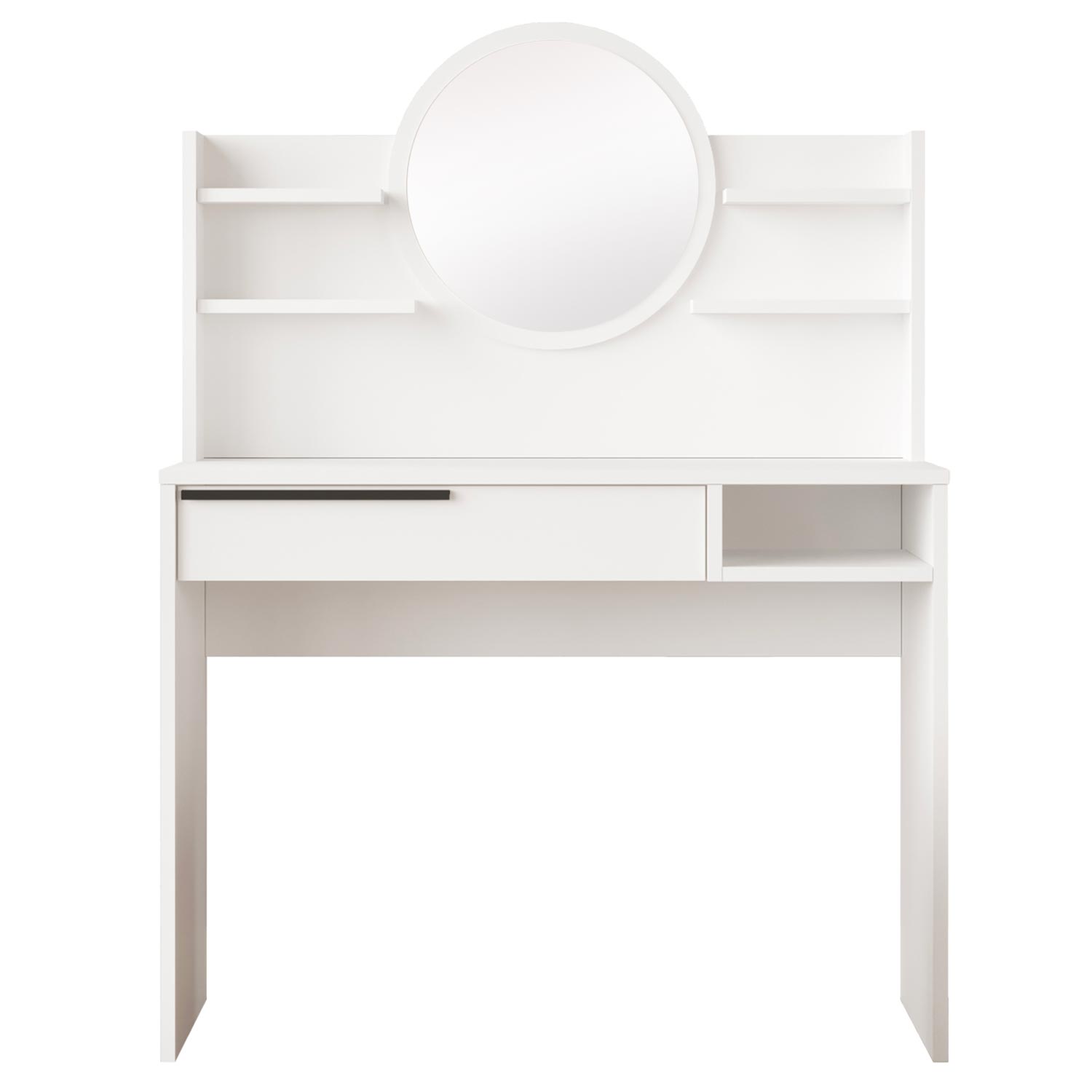 Coiffeuse à tiroir L100cm avec étagères et miroir rond Onara Blanc