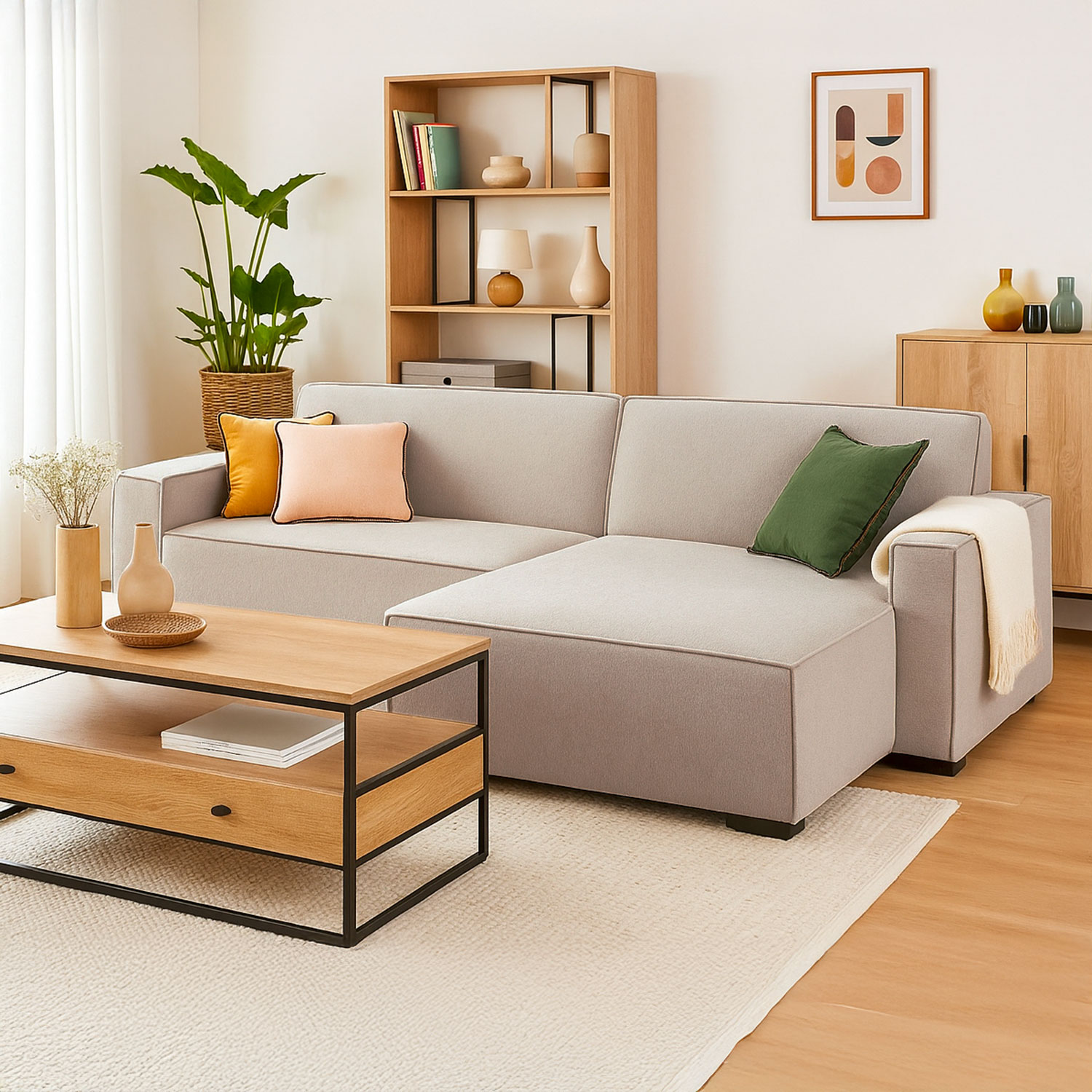 Canapé convertible cic-clac avec angle réversible Pikado Tissu effet lin Taupe clair