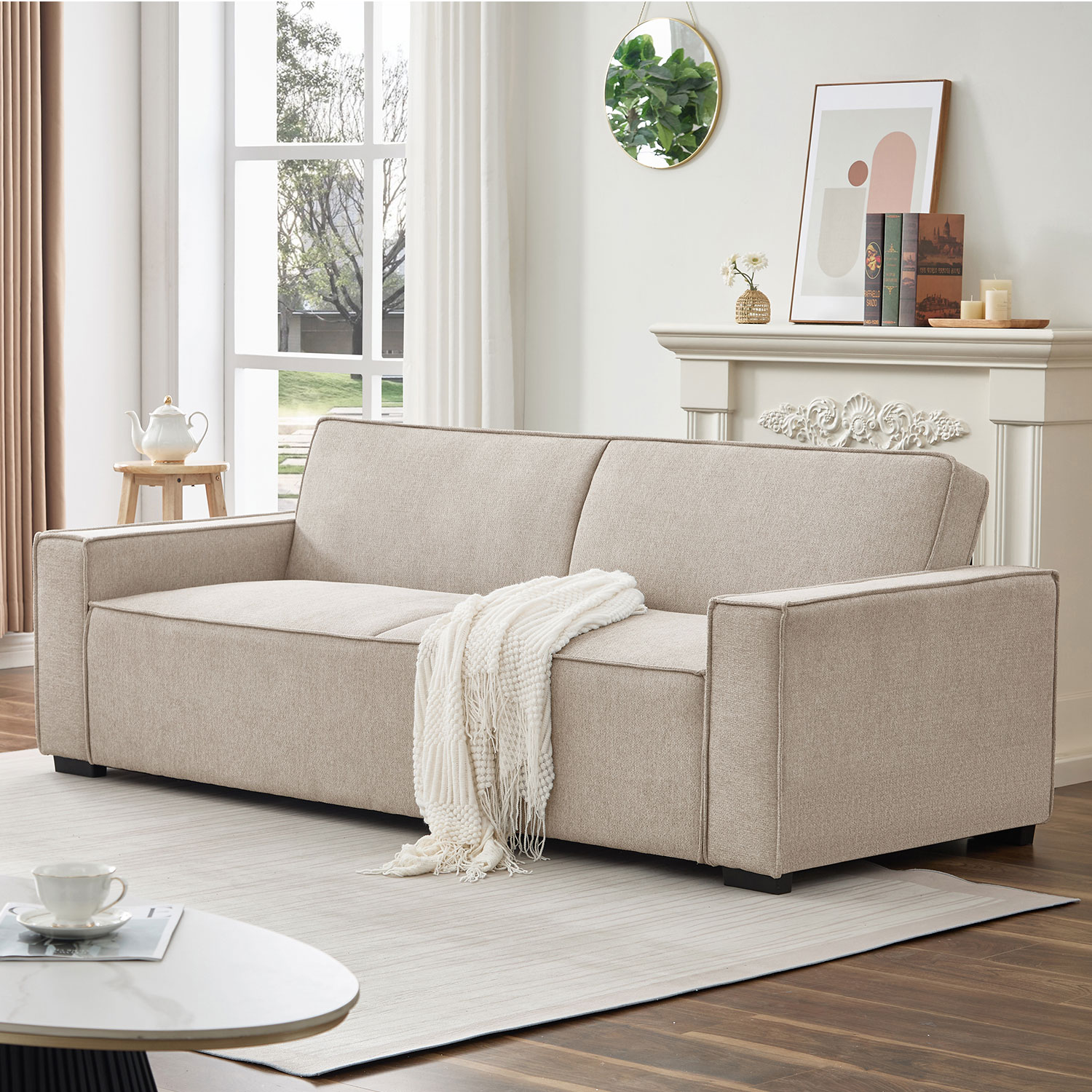 Canapé convertible clic-clac 3 places Pikado Tissu effet lin Taupe clair