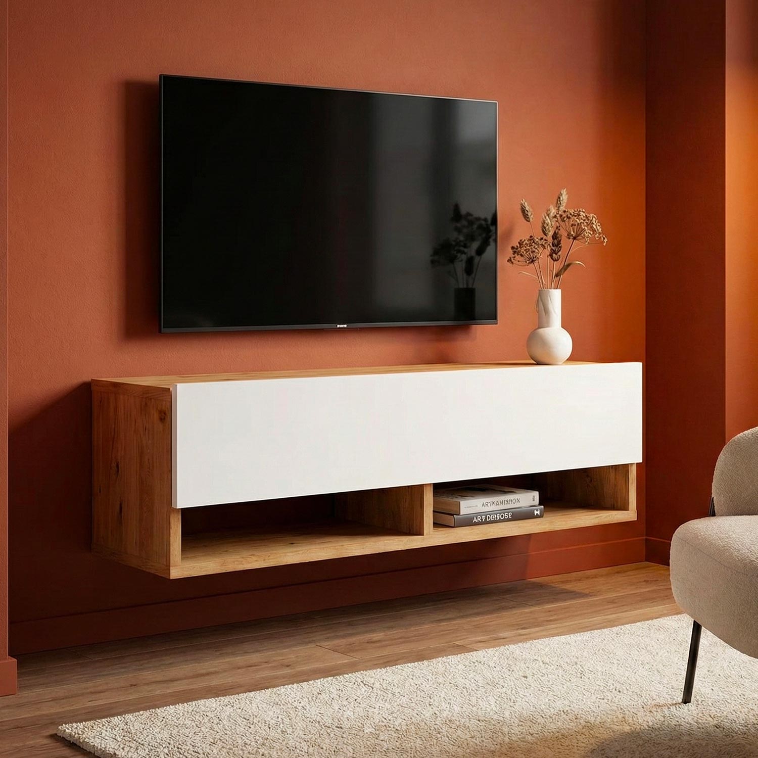 Meuble TV mural avec 1 porte basculante Pino L100cm Bois clair et Blanc