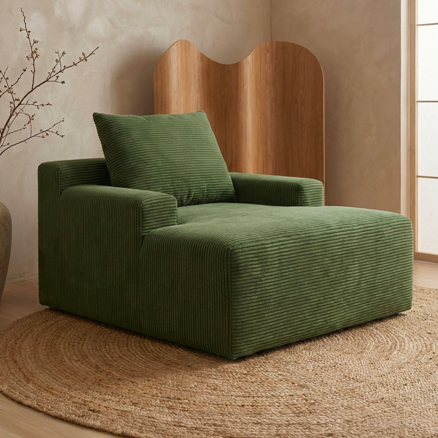 Fauteuil lounge style méridienne Rodin Velours côtelé Vert