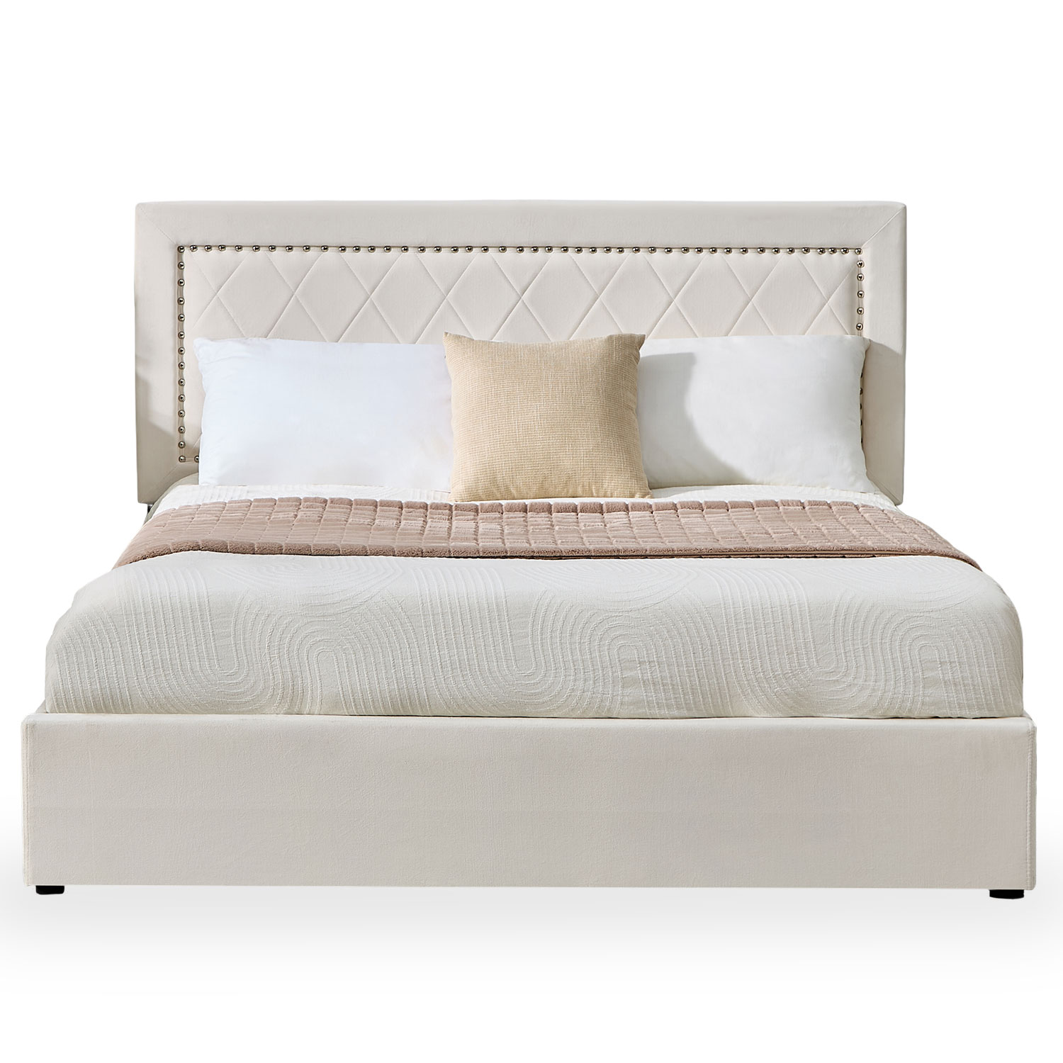 Lit coffre Sandiego avec sommier relevable 140x200cm et tête de lit cloutée Velours Beige