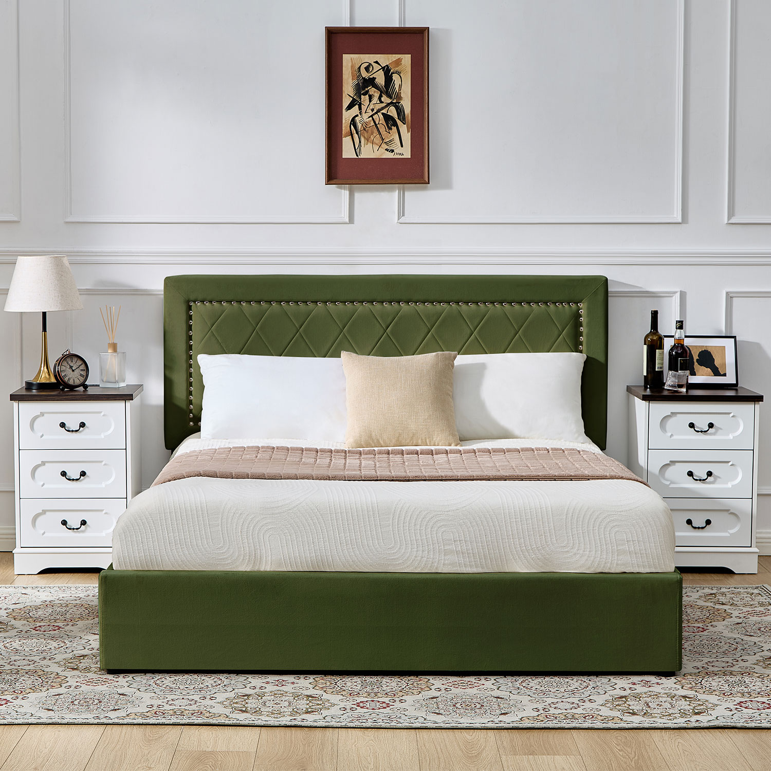Lit coffre Sandiego avec sommier relevable 140x200cm et tête de lit cloutée Velours Kaki