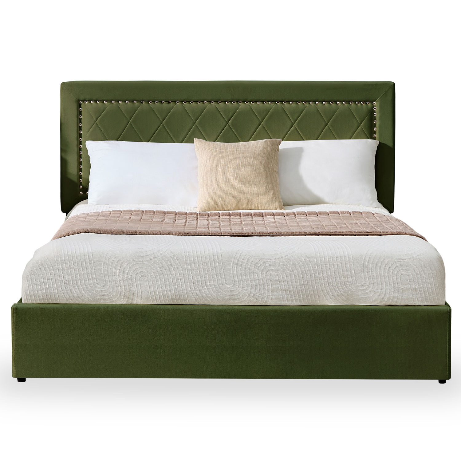Lit coffre Sandiego avec sommier relevable 140x200cm et tête de lit cloutée Velours Kaki
