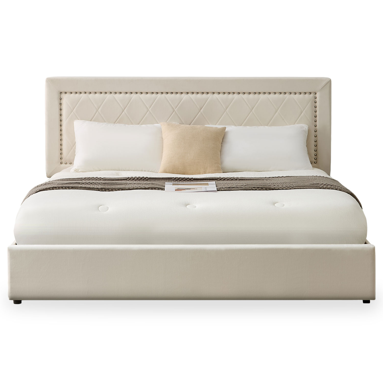 Lit coffre Sandiego avec sommier relevable 180x200cm et tête de lit cloutée Velours Beige clair