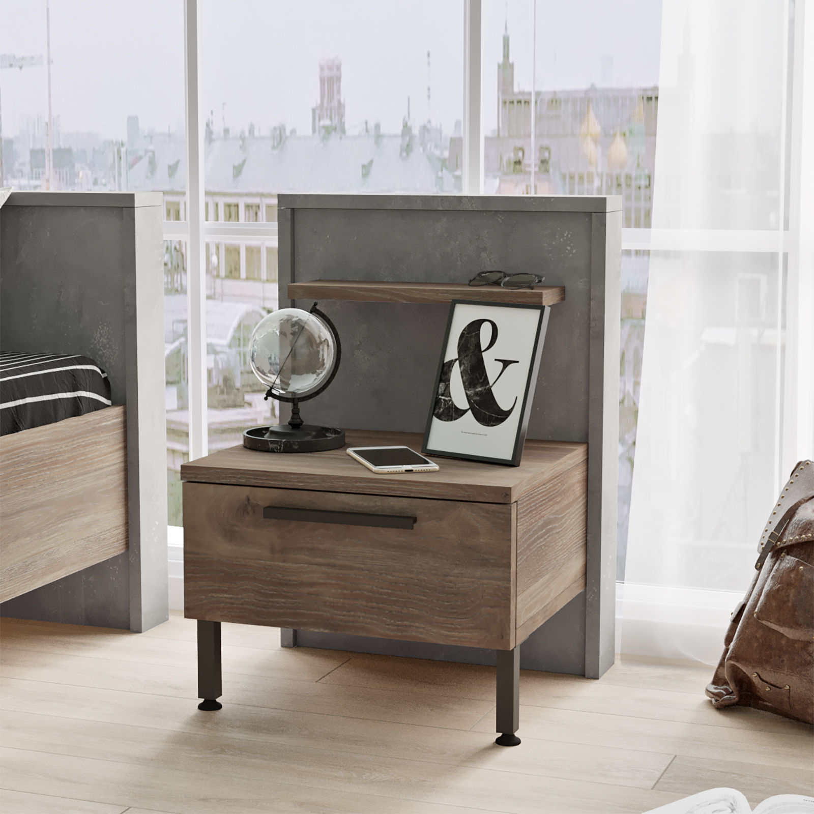 Table de chevet 1 tiroir Ralta style moderne bois foncé et gris