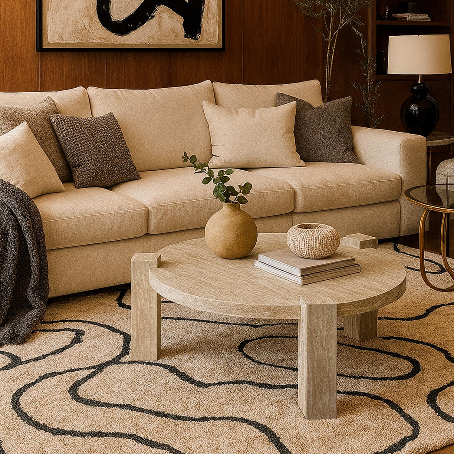 Table basse ronde moderne Titouan D84cm Effet Travertin Beige