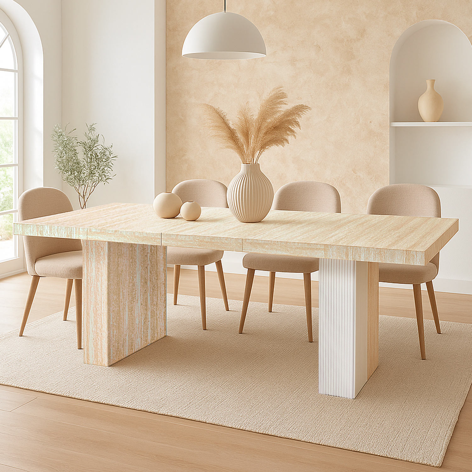 Table rectangulaire extensible Virzon 100-240cm Effet Travertin Beige et rainurage Blanc