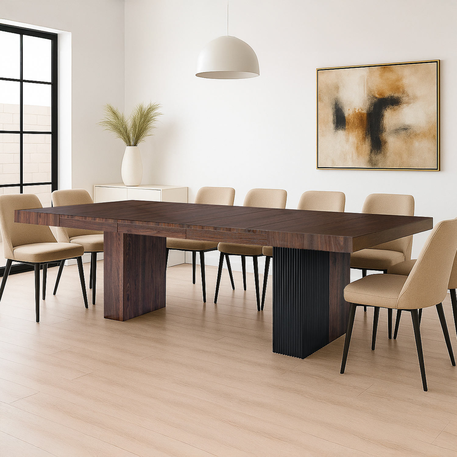 Table rectangulaire extensible Virzon 100-240cm Bois noisette et rainurage Noir