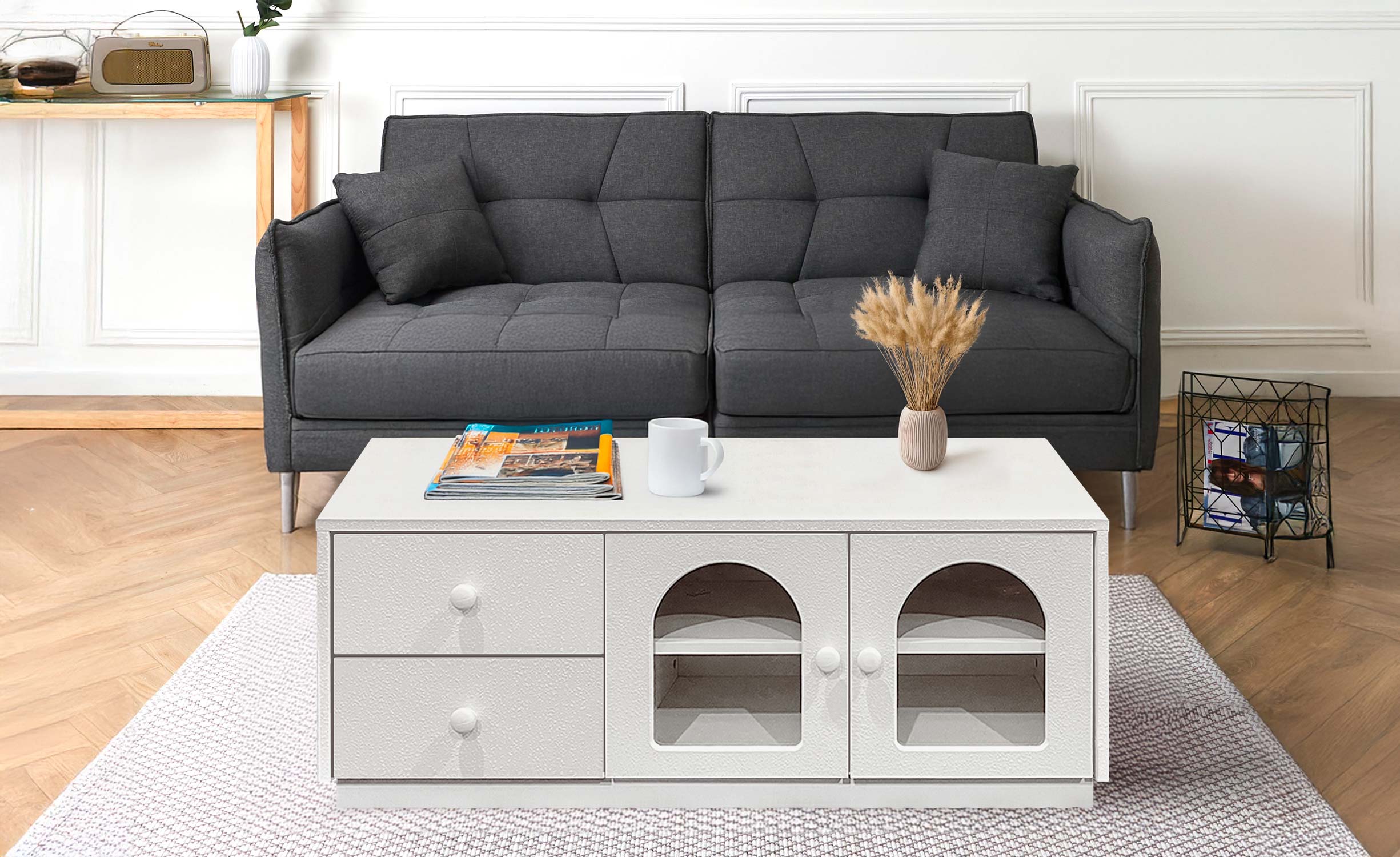 Table basse 60x100cm avec portes et tiroirs style naturel chic Volos Blanc texturé