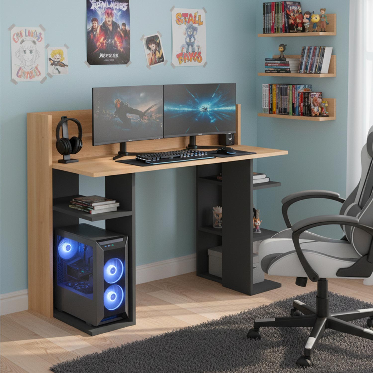 Bureau design à étagères Vrecto L124cm Bois et Gris