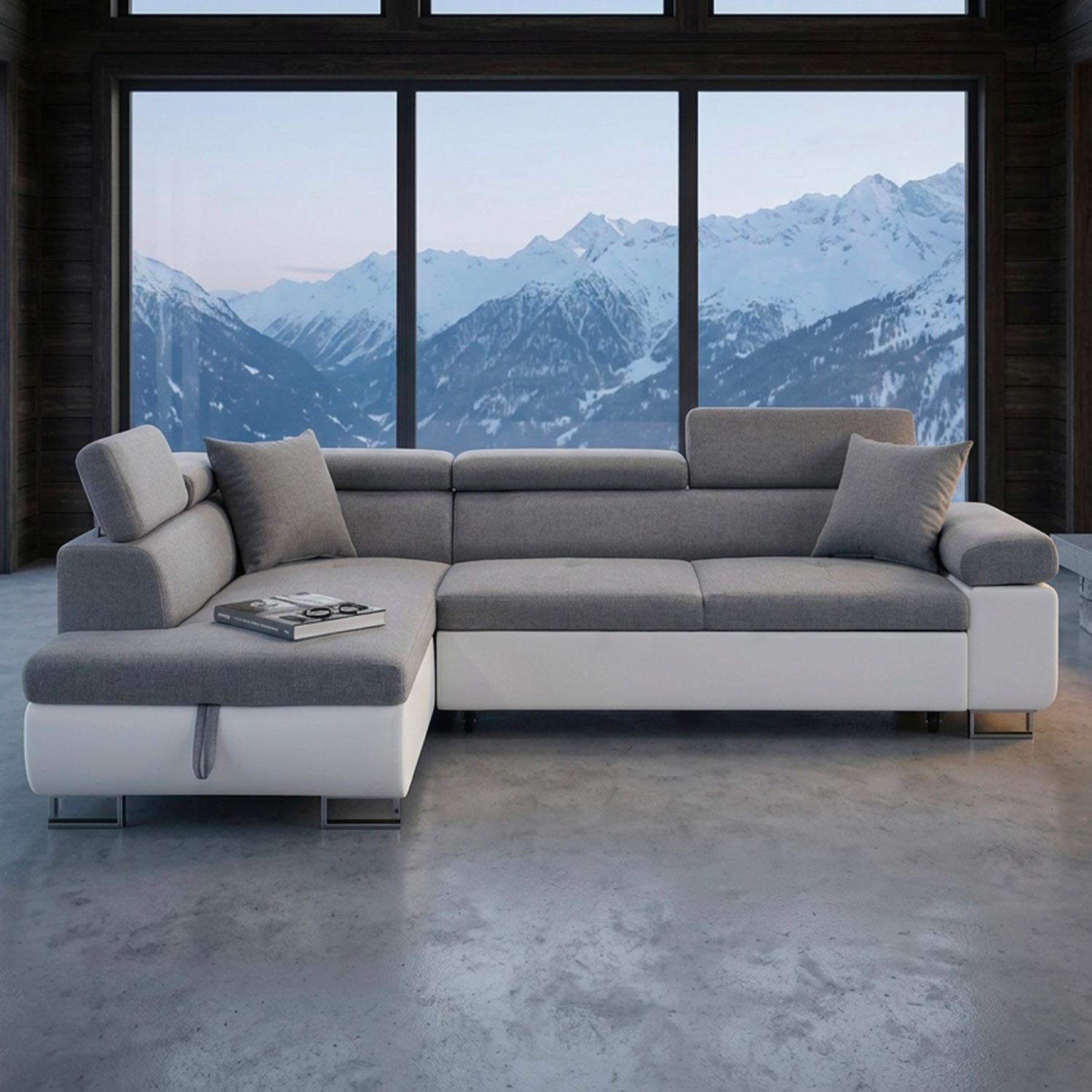 Canapé d'angle convertible avec têtières relevables angle gauche simili Blanc et tissus Gris clair