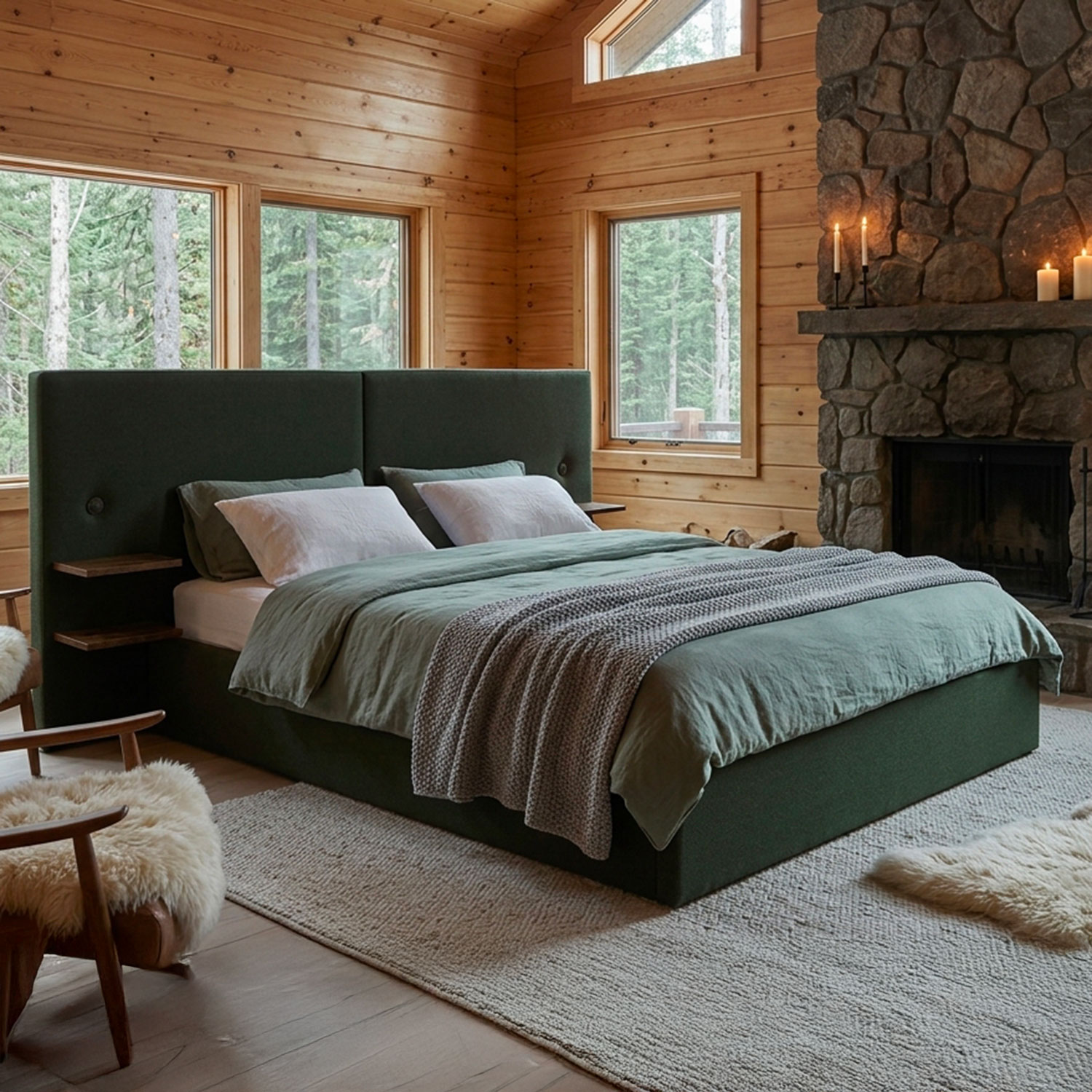Lit-coffre complet avec tablettes et ports USB intégrés 180x200cm Tissu Vert
