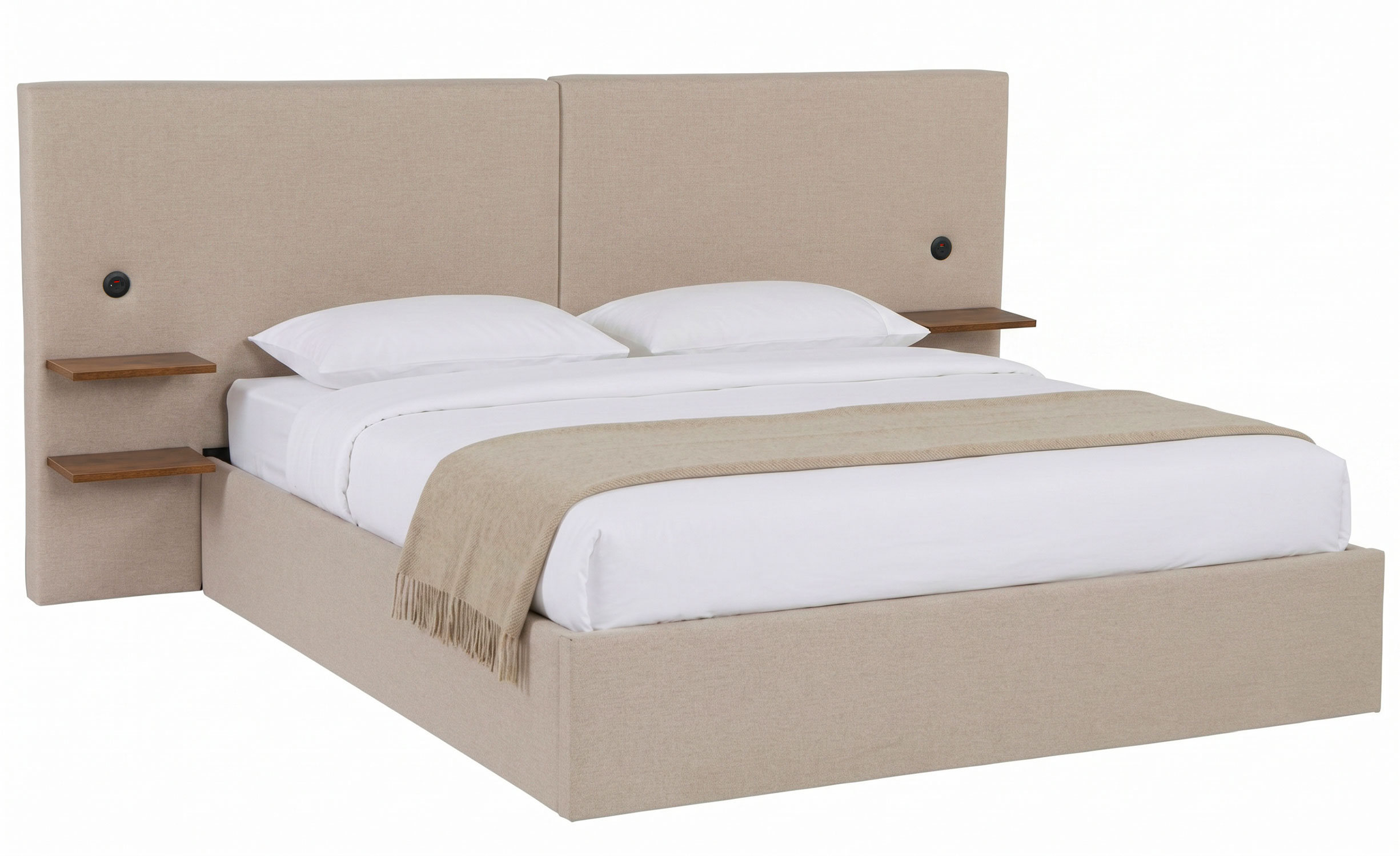 Lit-coffre complet avec tablettes et ports USB intégrés 160x200cm Tissu Taupe clair