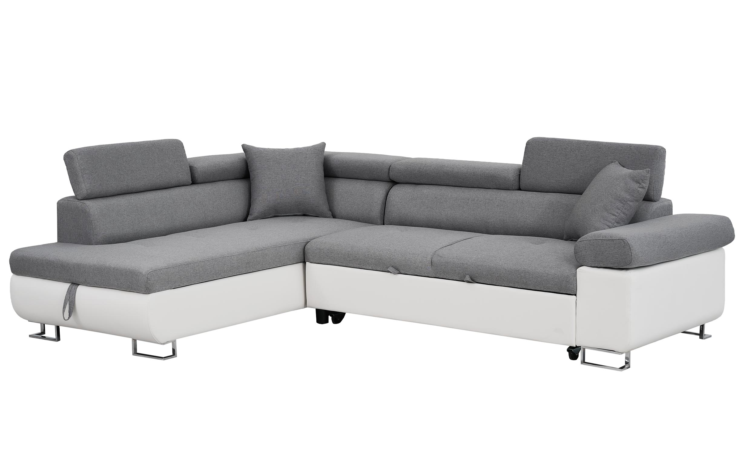 Canapé d'angle convertible avec têtières relevables angle gauche simili Blanc et tissus Gris clair