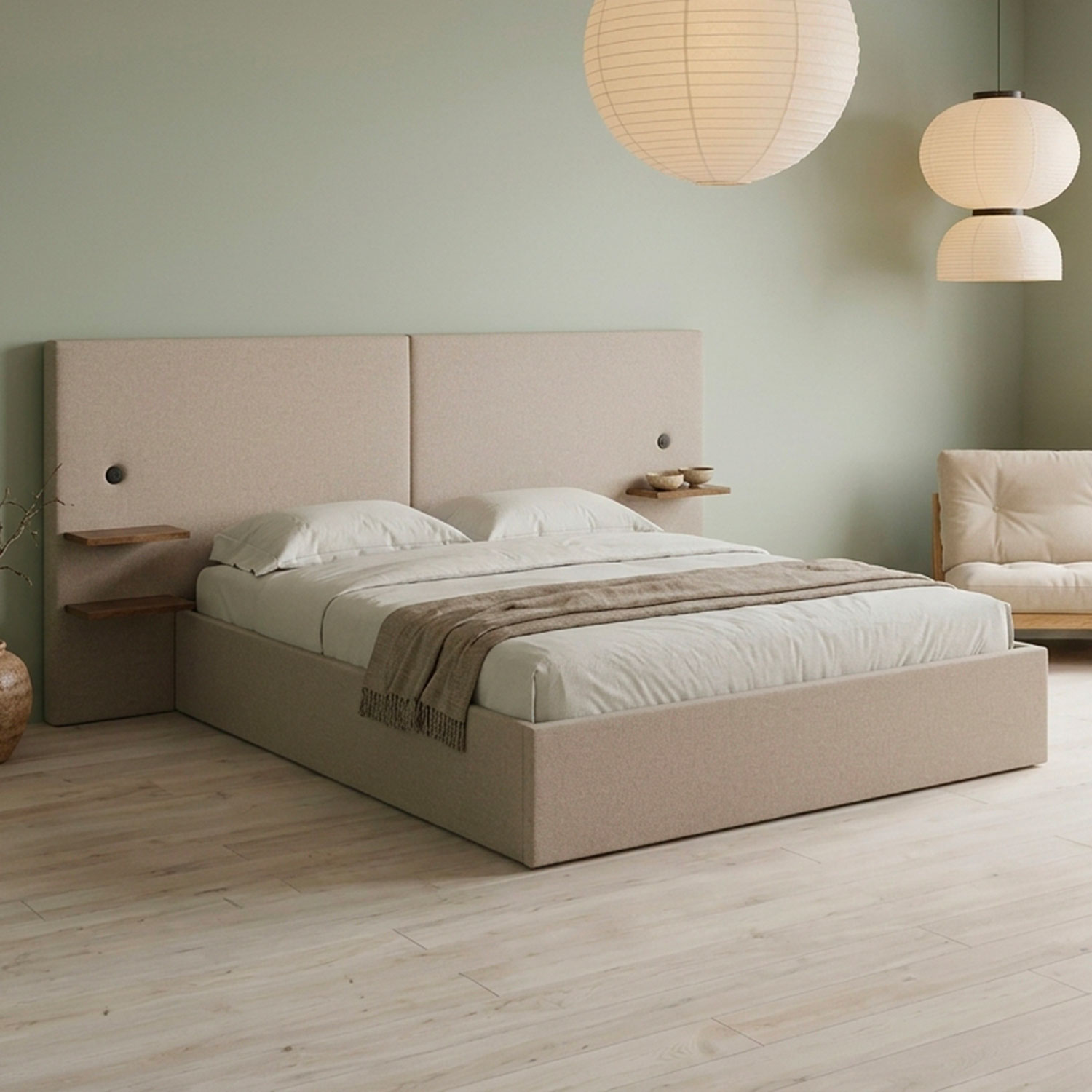 Lit-coffre complet avec tablettes et ports USB intégrés 160x200cm Tissu Taupe clair