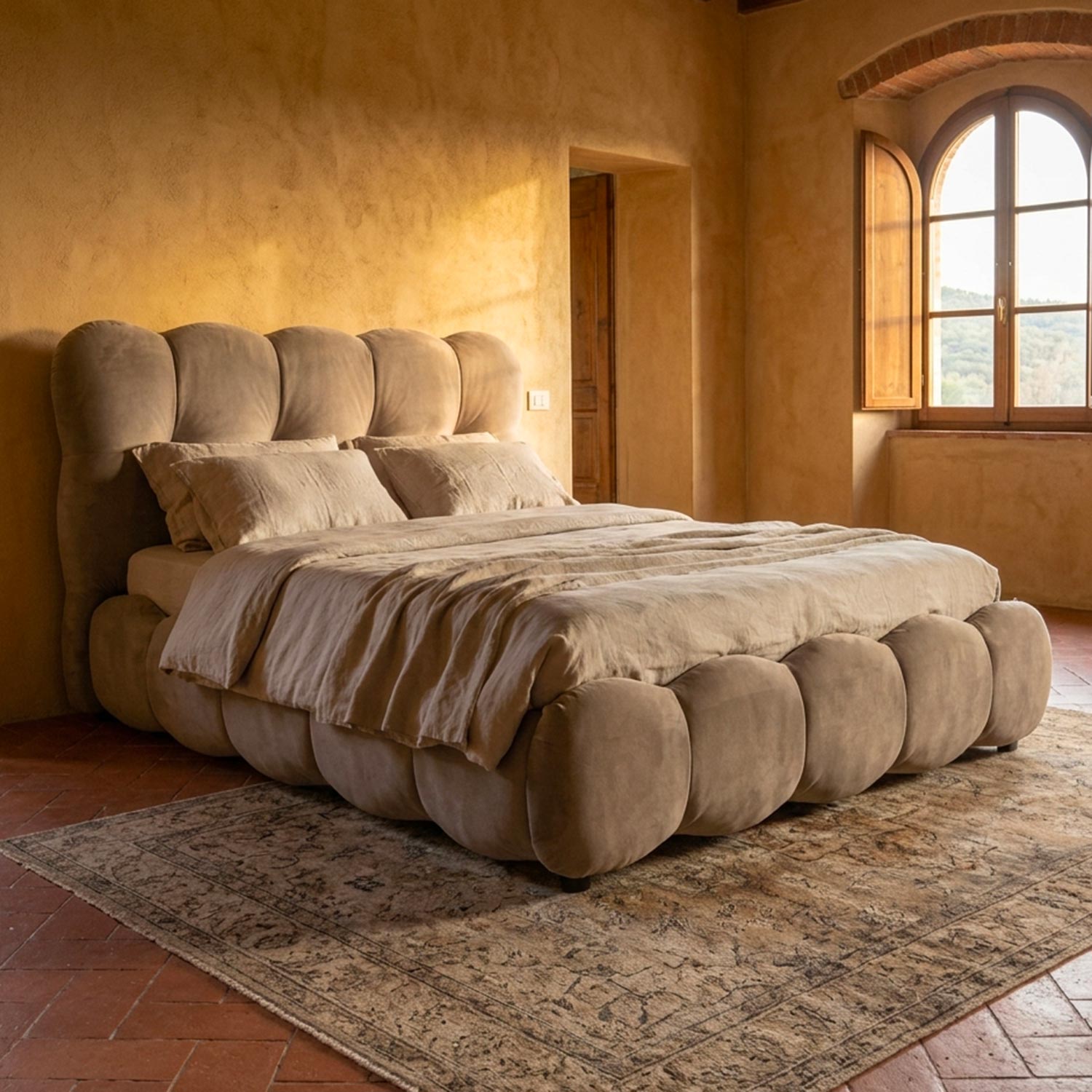 Lit-coffre design boule avec sommier relevable 140x200cm Velours Taupe