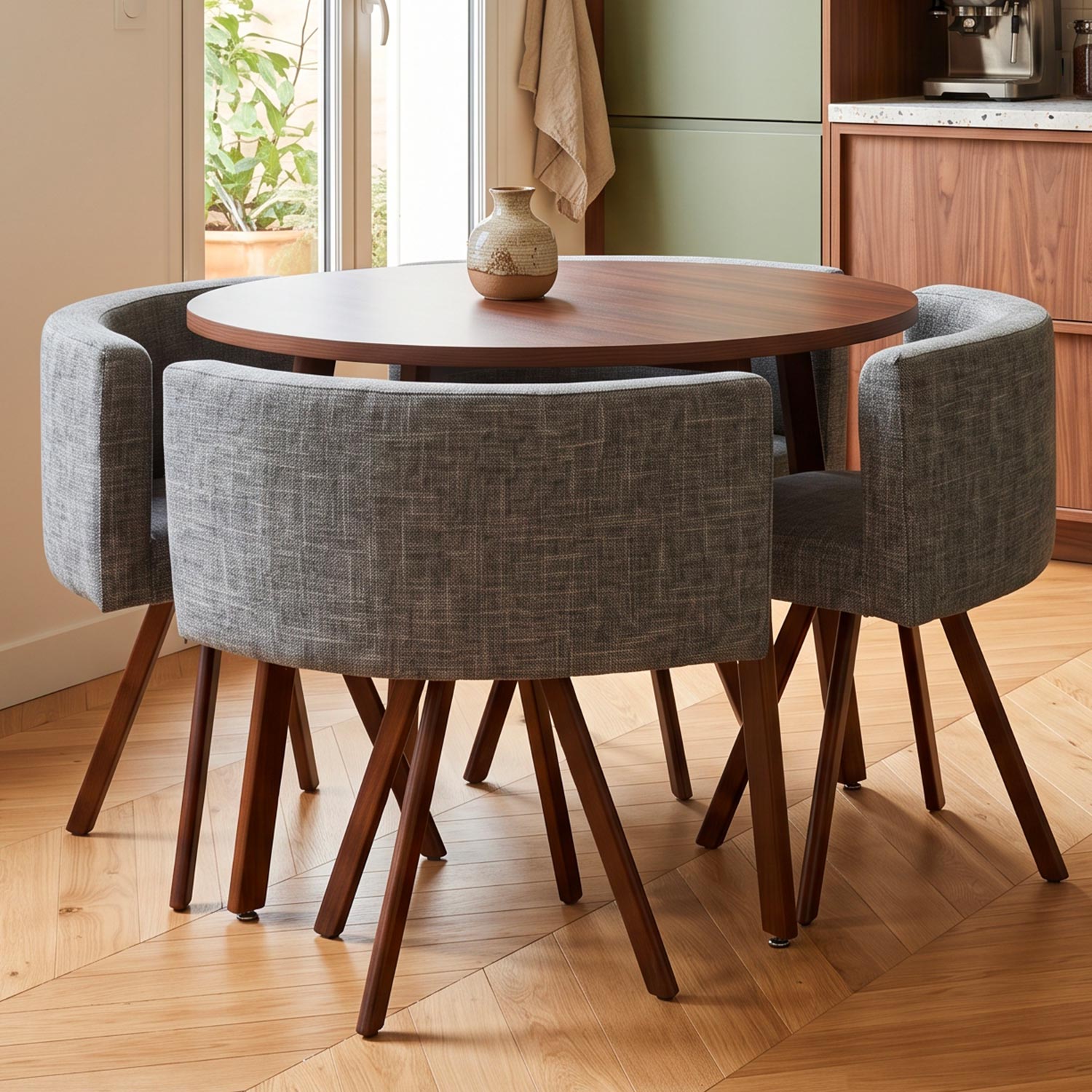 Table ronde et chaises Chêne Foncé et Tissu Gris